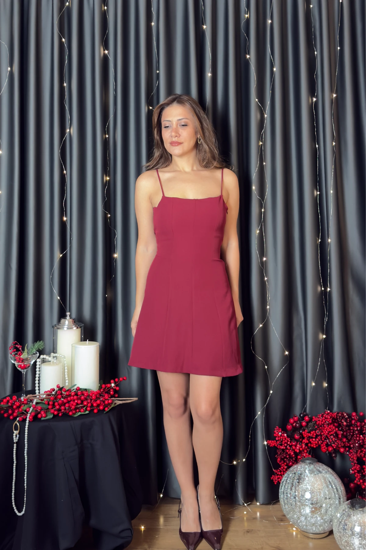 Fiyonklu Elbise - Bordo