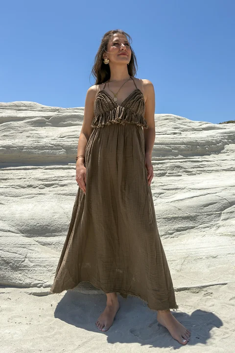 GÖGÜS DETAYLI YEŞİL MÜSLİN ELBİSE - Yeşil