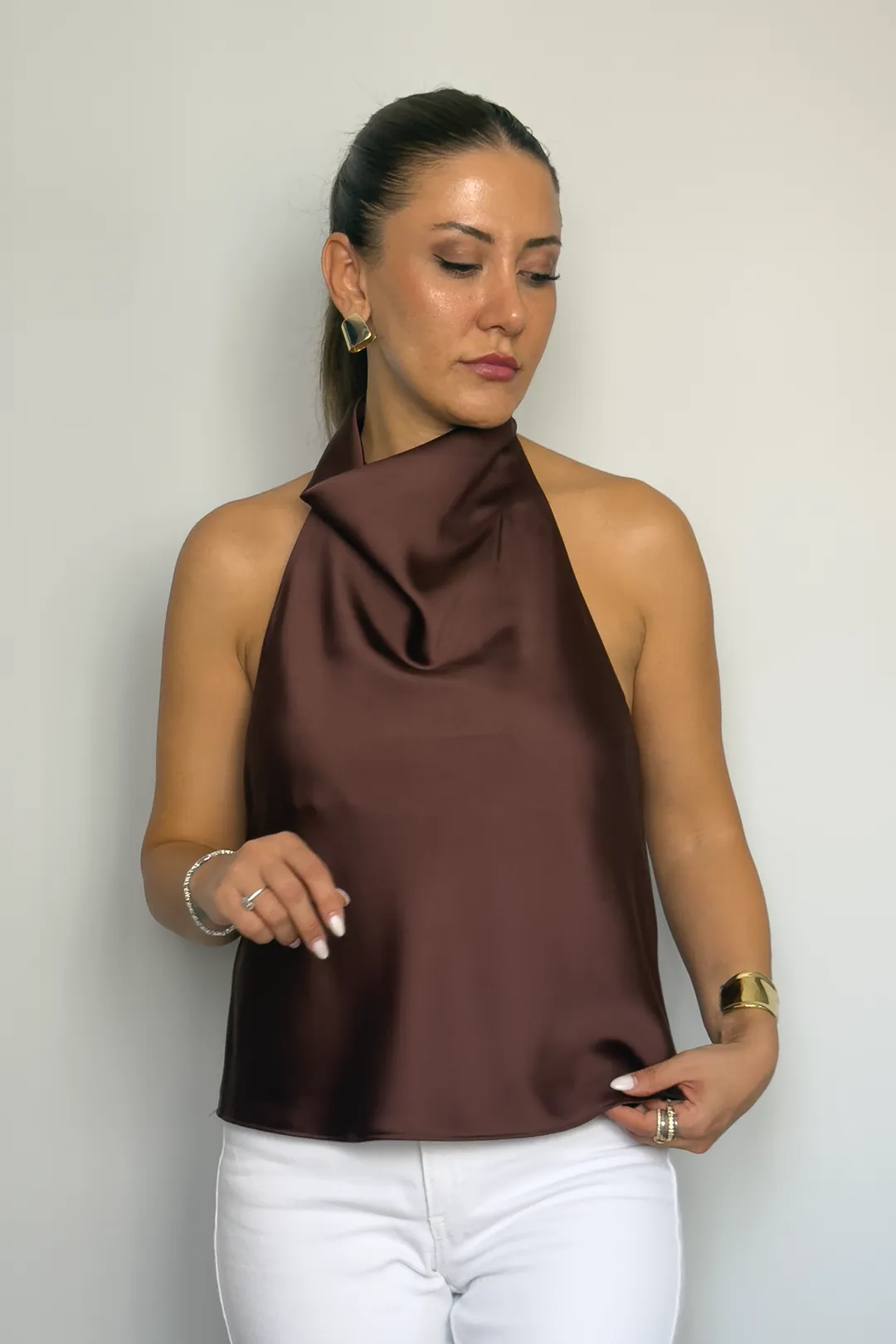 HALTER YAKA SATEN BLUZ