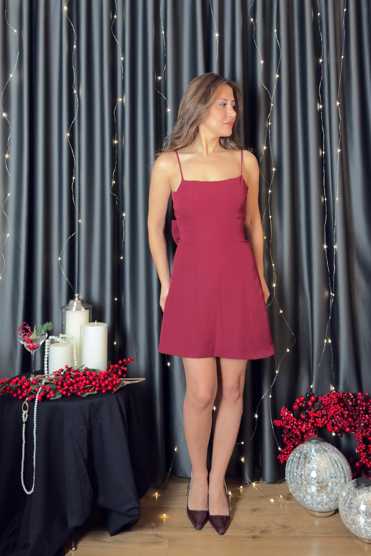 Fiyonklu Elbise - Bordo