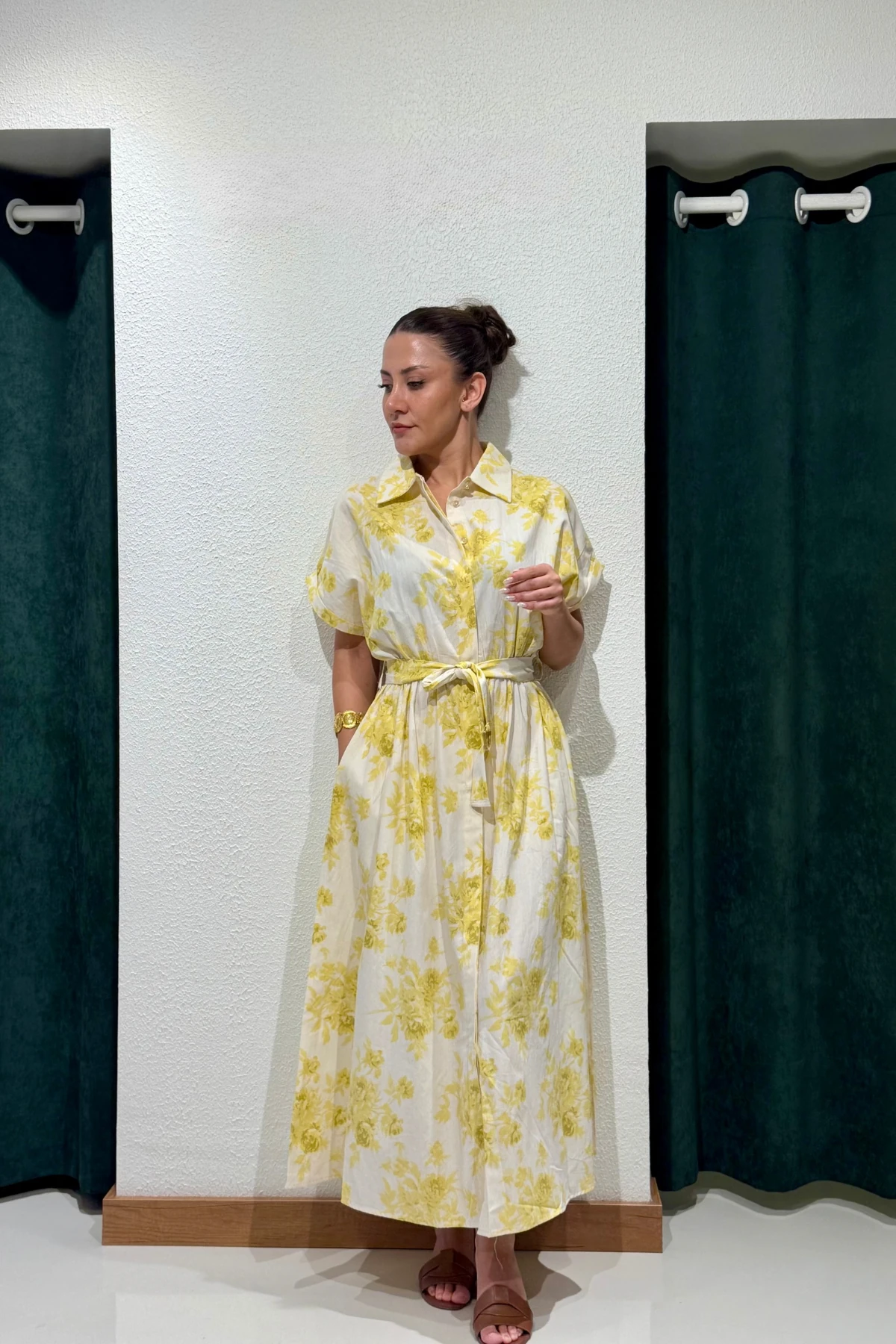 KETEN ÇİÇEK DESENLİ ELBİSE