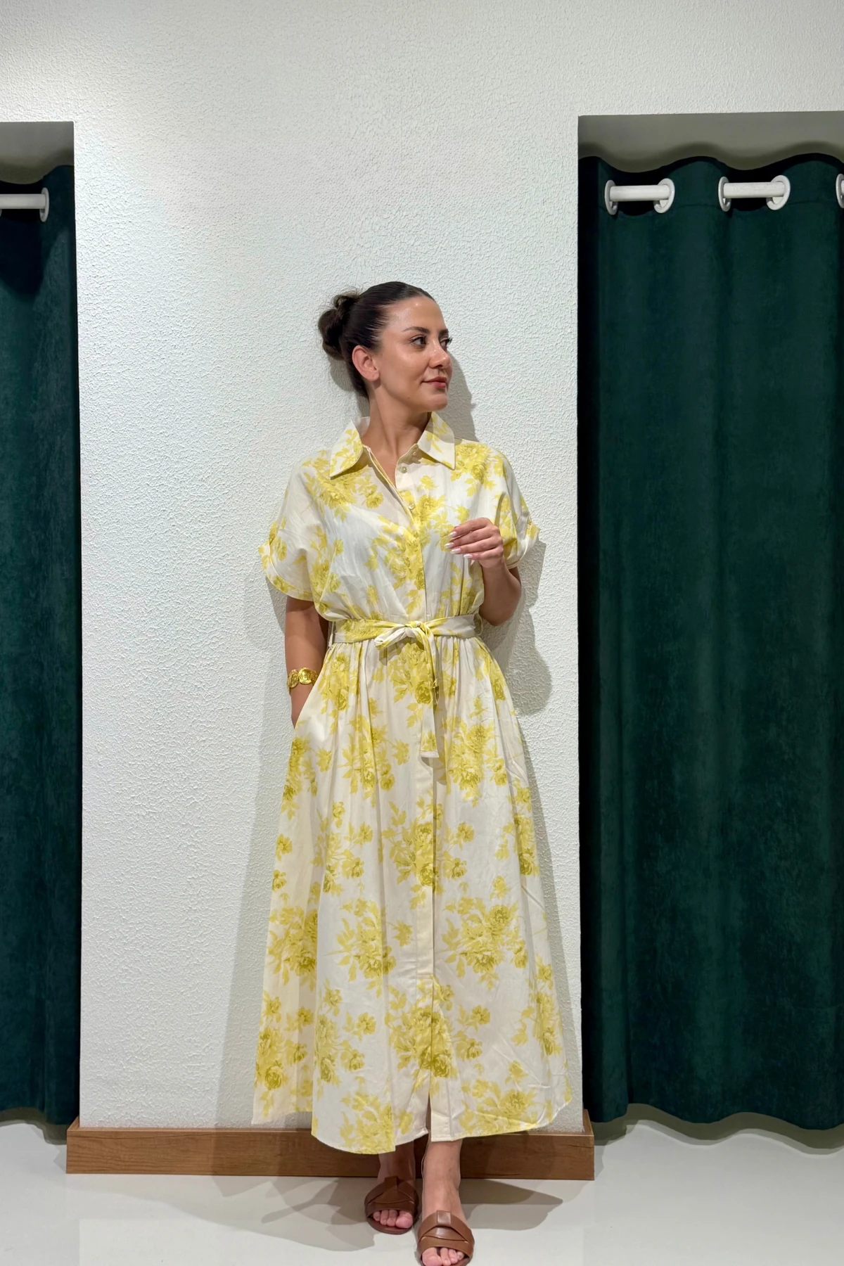 KETEN ÇİÇEK DESENLİ ELBİSE