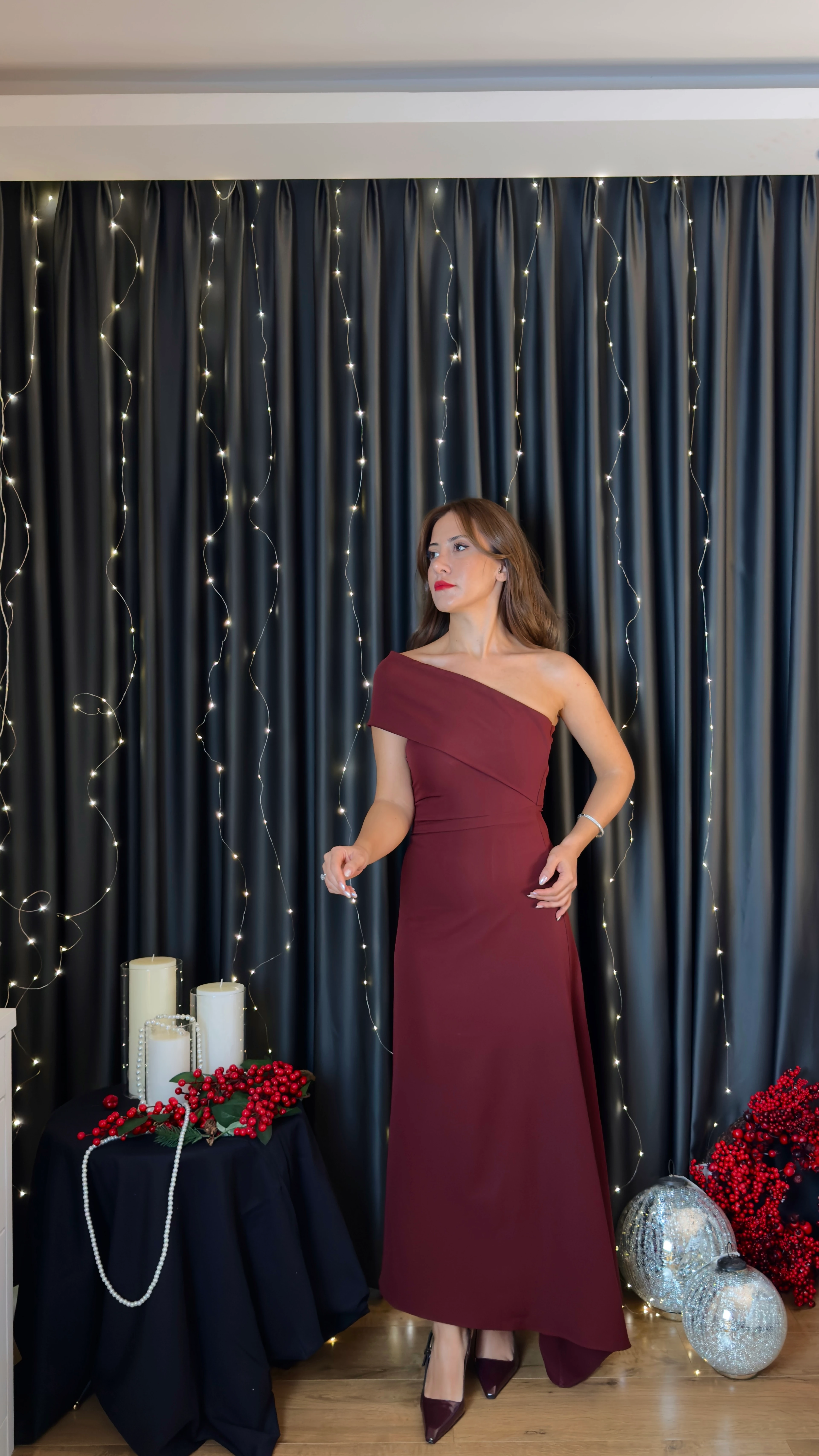 Tek Omuz Asimetrik Midi Elbise - Bordo