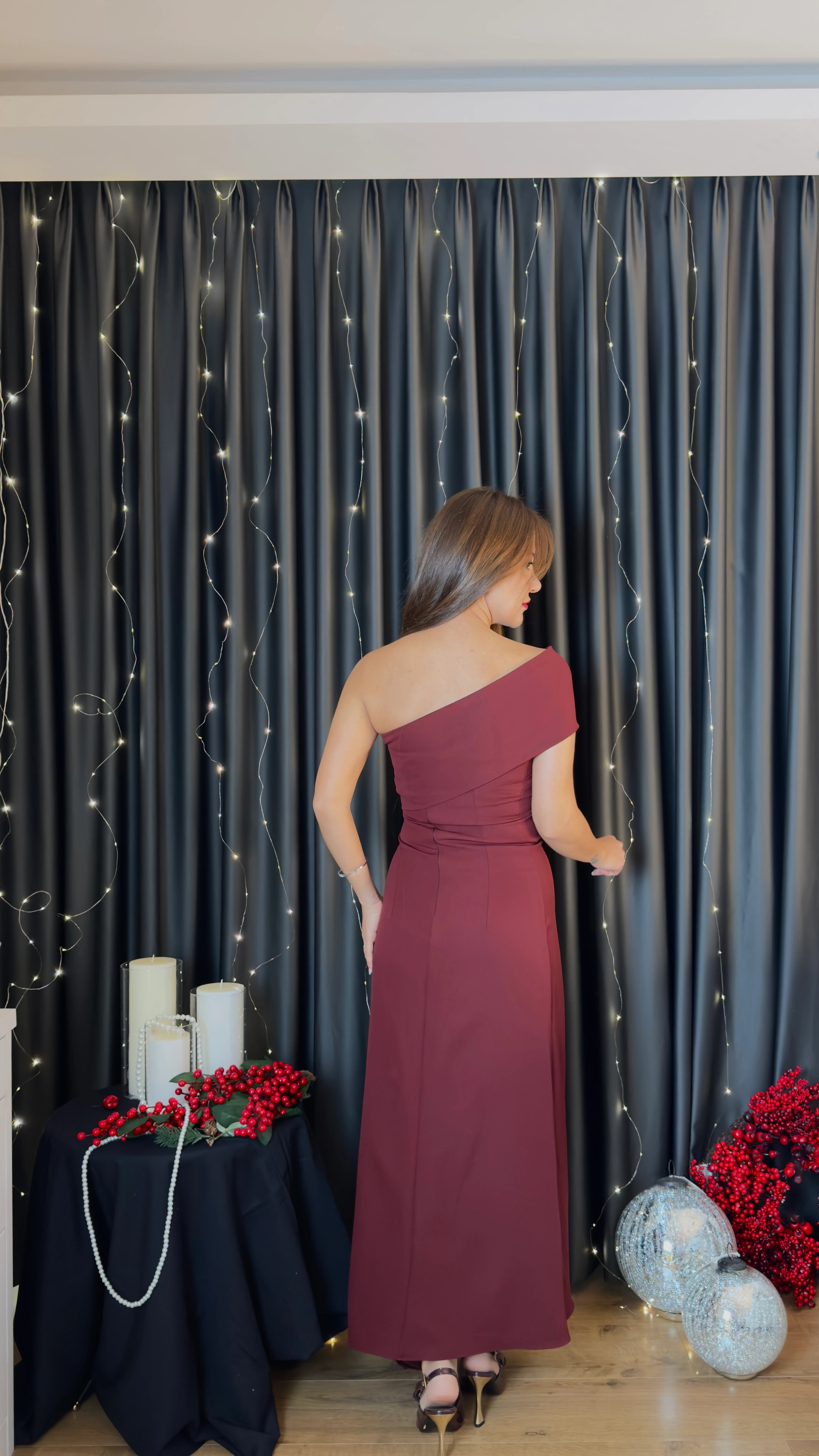 Tek Omuz Asimetrik Midi Elbise - Bordo