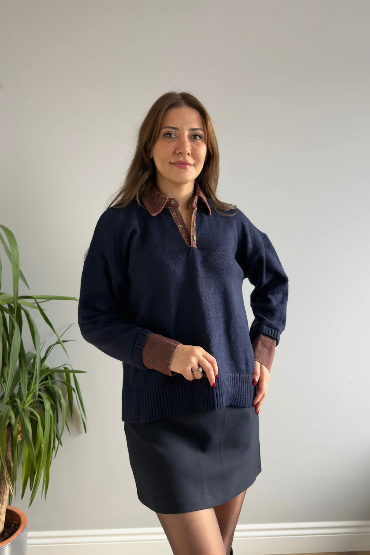 Yakası Kot Kazak - Lacivert