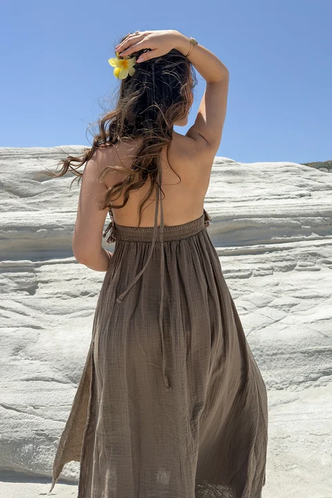 GÖGÜS DETAYLI YEŞİL MÜSLİN ELBİSE - Yeşil