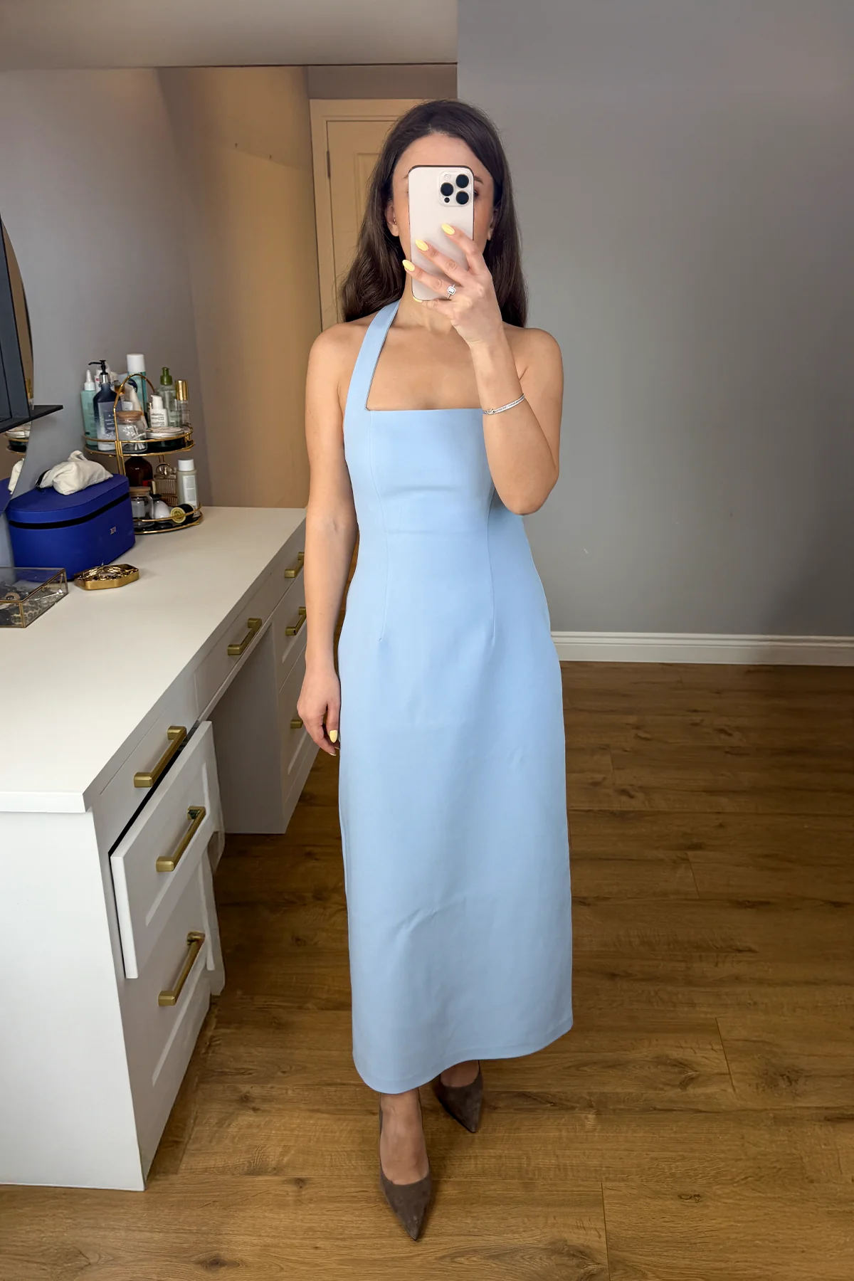 BOYUNDAN BAĞLAMALI MAVİ MİDİ ELBİSE