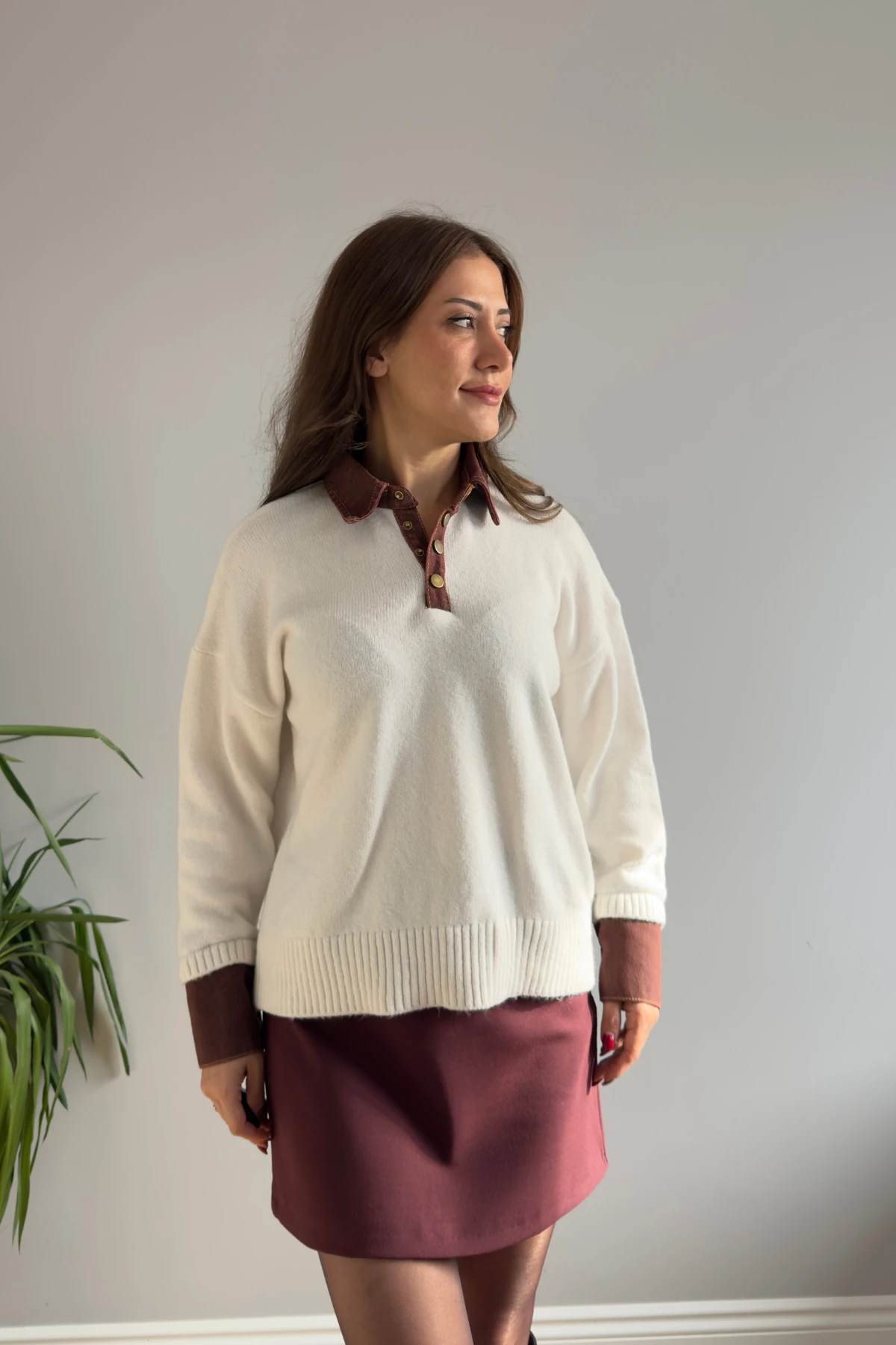 Yakası Kot Kazak - Ekru