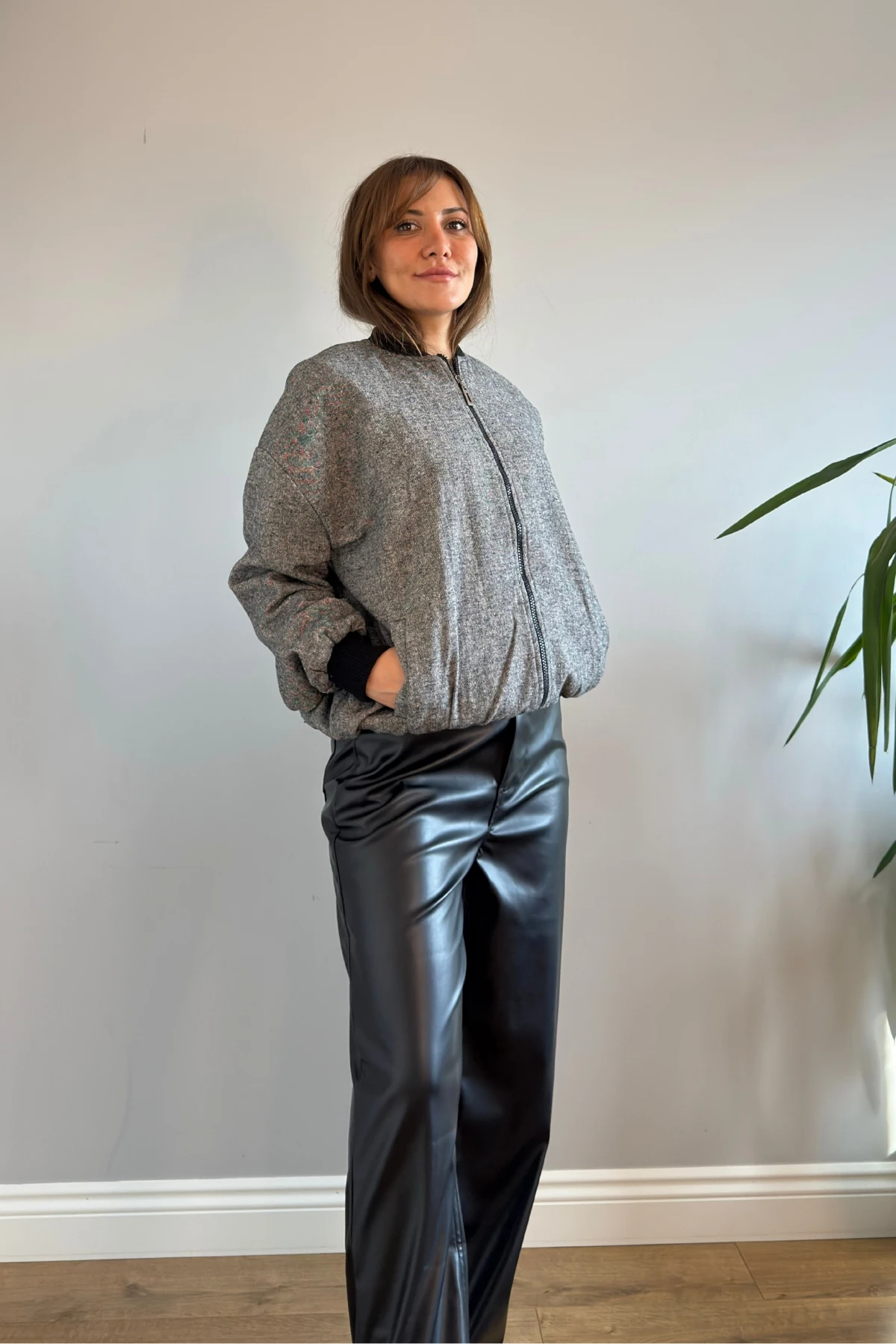 FERMUARLI KAŞE BOMBER CEKET - Gri