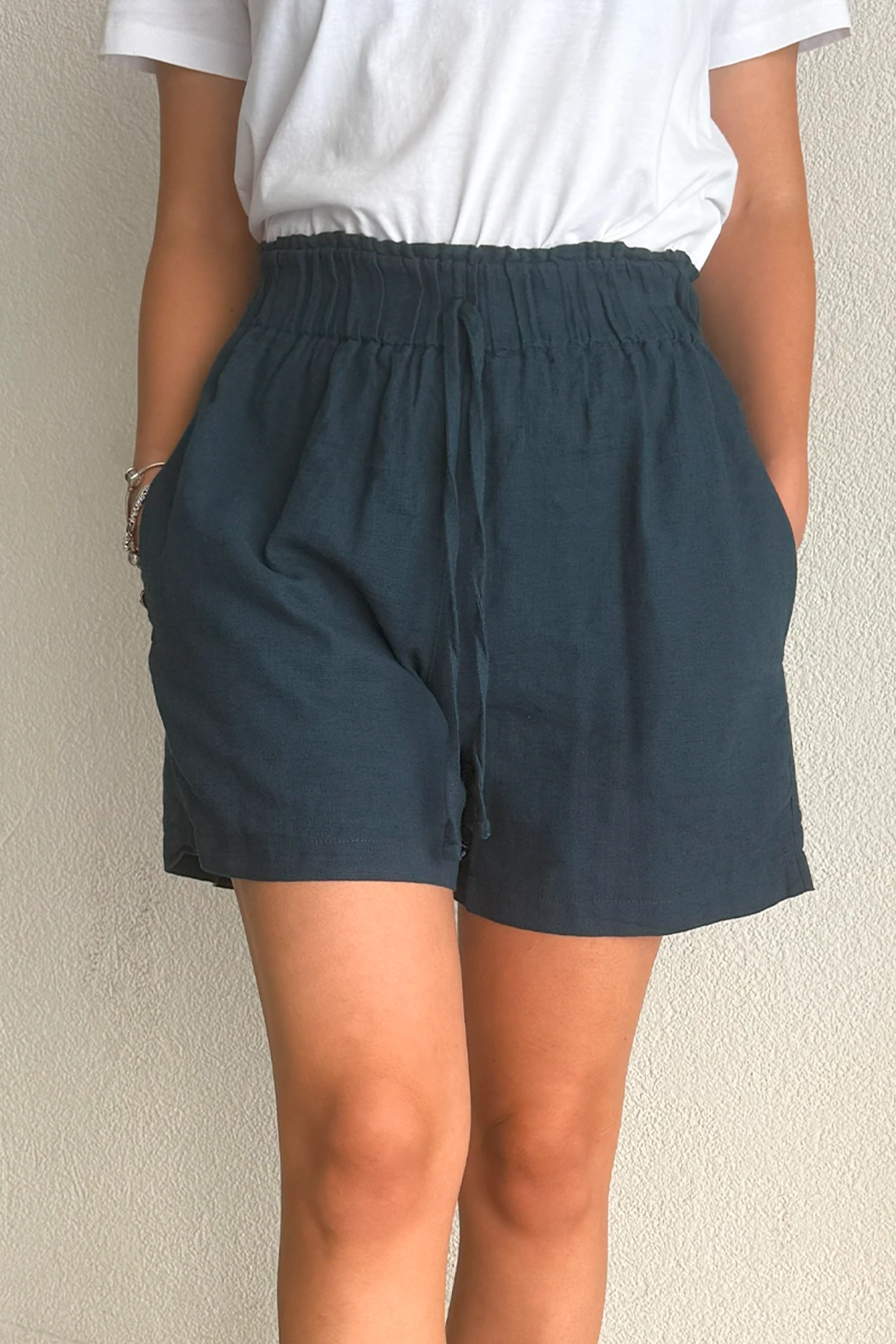 BELİ LASTİKLİ KETEN ŞORT - Mıdnıght Nav