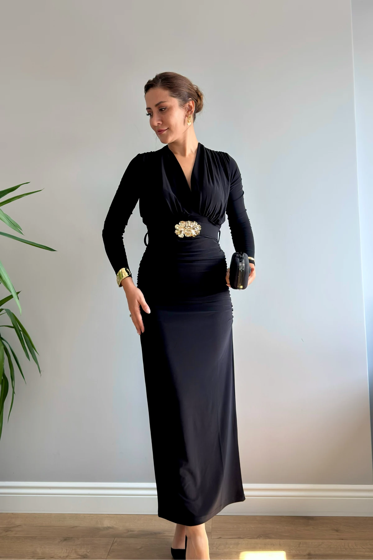 DRAPELİ TAŞ TOKALI ELBİSE