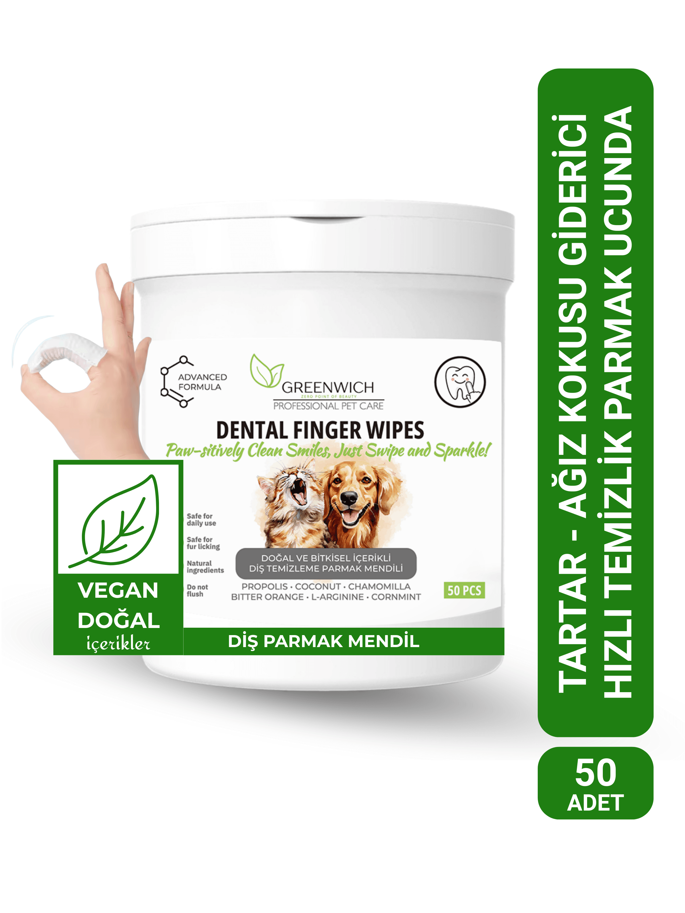 Diş Mendili | 50 Adet | Plak Tartar Ağız Kokusu Giderici | Kedi Köpek | Nano Gümüş Içermez