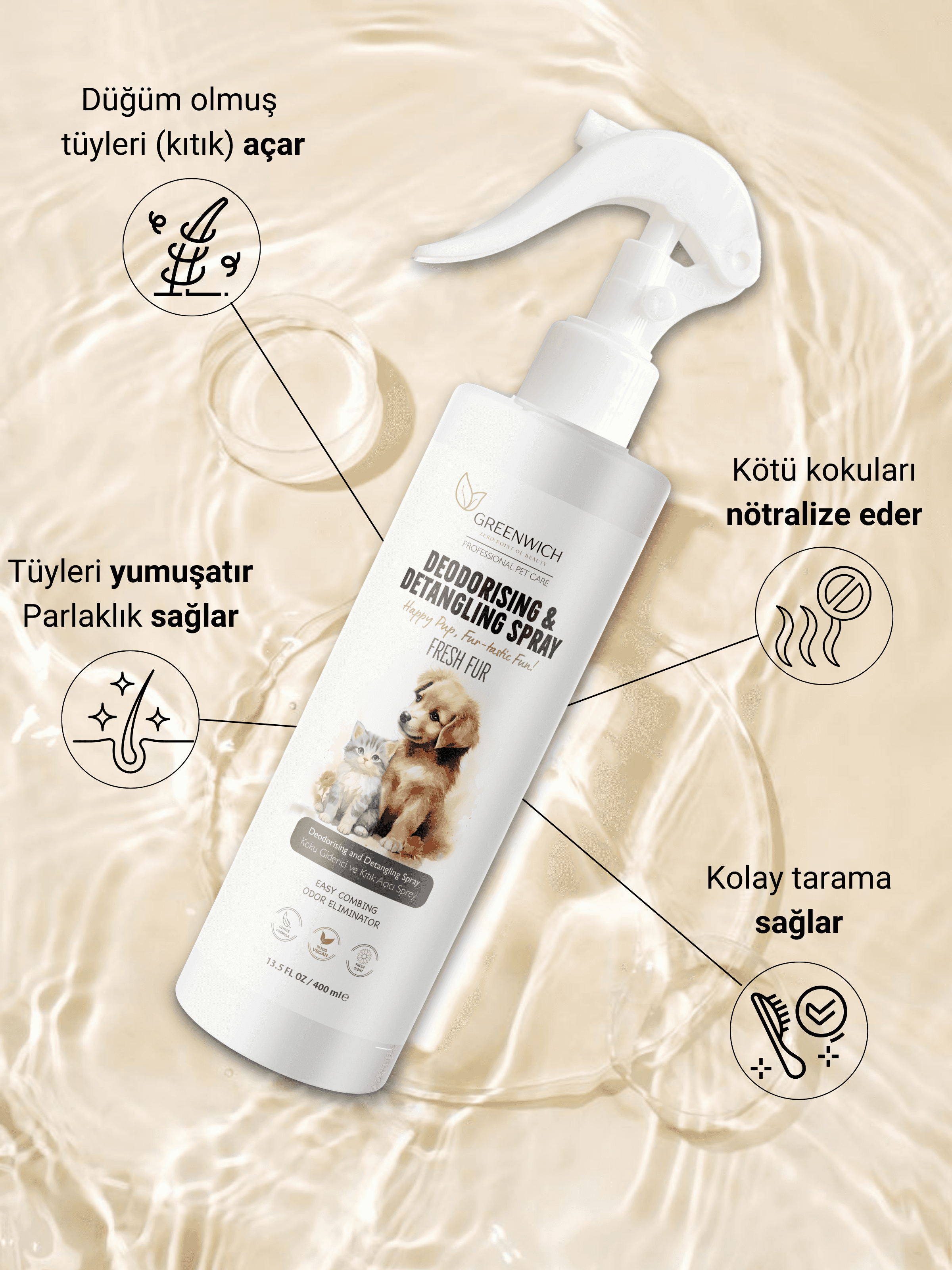 Tüy Açıcı Sprey | 400 ml | Kıtık Açıcı | Kolay Tarama | Tuvalet Idrar Koku Giderici | Kedi Köpek