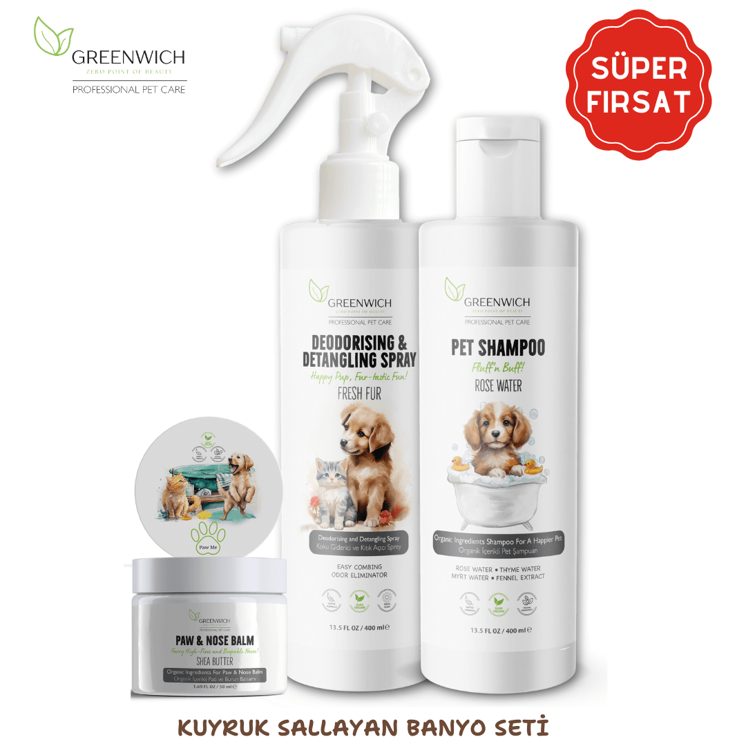 Kuyruk Sallayan Banyo Seti, Kedi Köpek Pati Burun Balmi, Kıtık Açıcı Sprey, Pet Şampuanı