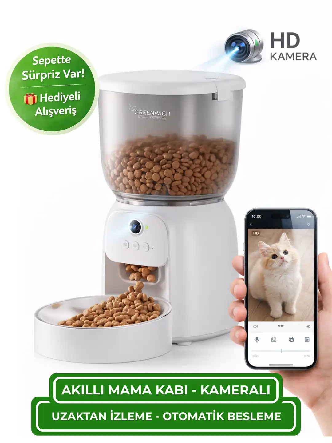 Otomatik Mama Kabı | 4 L | Kameralı | 720P HD | Akıllı | Kedi Köpek