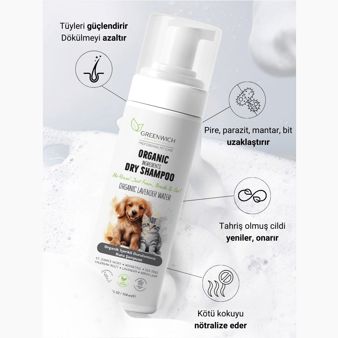 Kuru Şampuan 150 ml | Parazit Bir Pire Mantar Uzaklaştırıcı | Parfümsüz | Kedi Köpek
