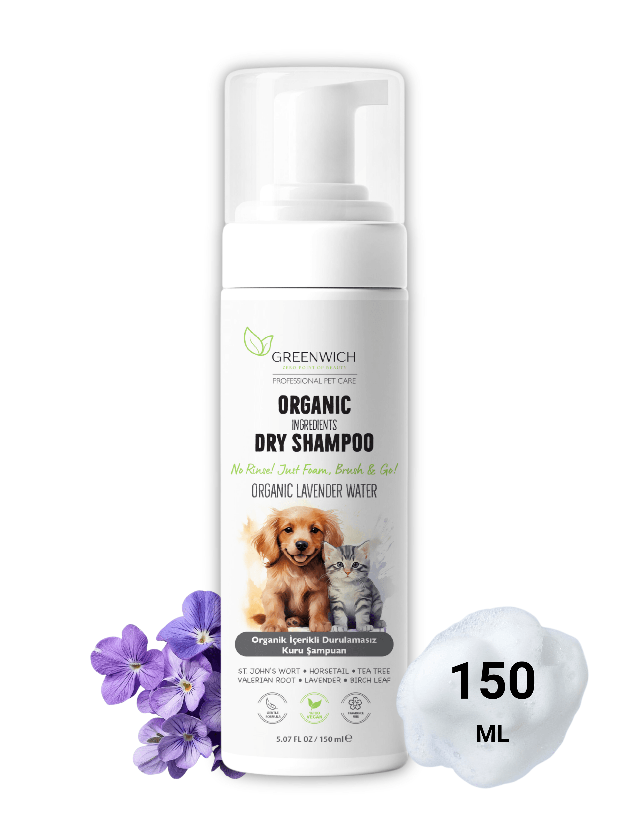Kuru Şampuan 150 ml | Parazit Bir Pire Mantar Uzaklaştırıcı | Esanssız | Kedi Köpek