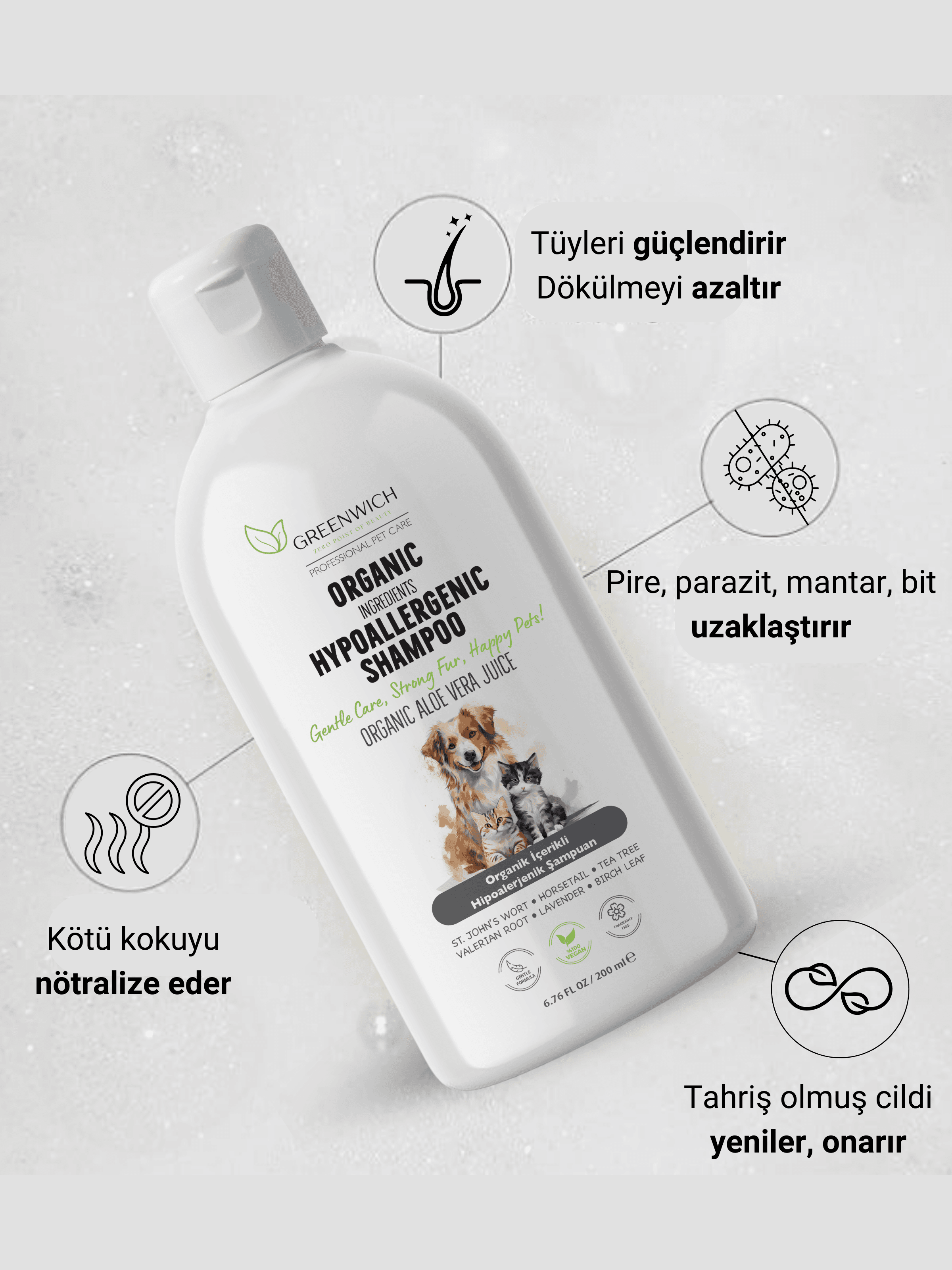 Hipoalerjenik Şampuan 200 ml | Parazit Bit Pire Mantar Uzaklaştırıcı | Esanssız | Kedi Köpek