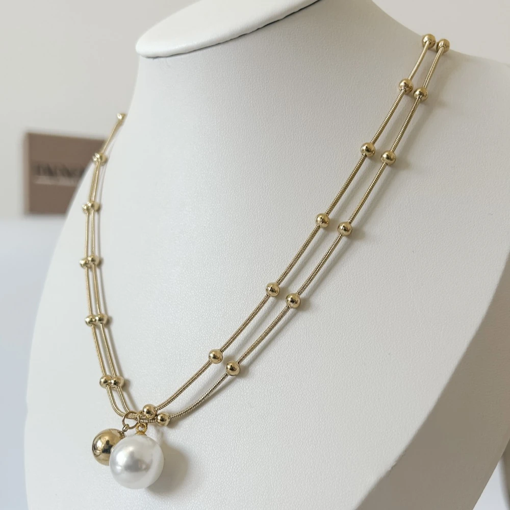 Altın ve İnci Uçlu 2 li Çelik Zincir Kolye