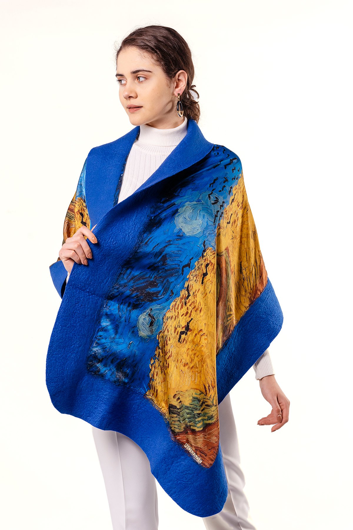 Silk Felt Shawl | Blue | Van Gogh Wheatfield with Crows