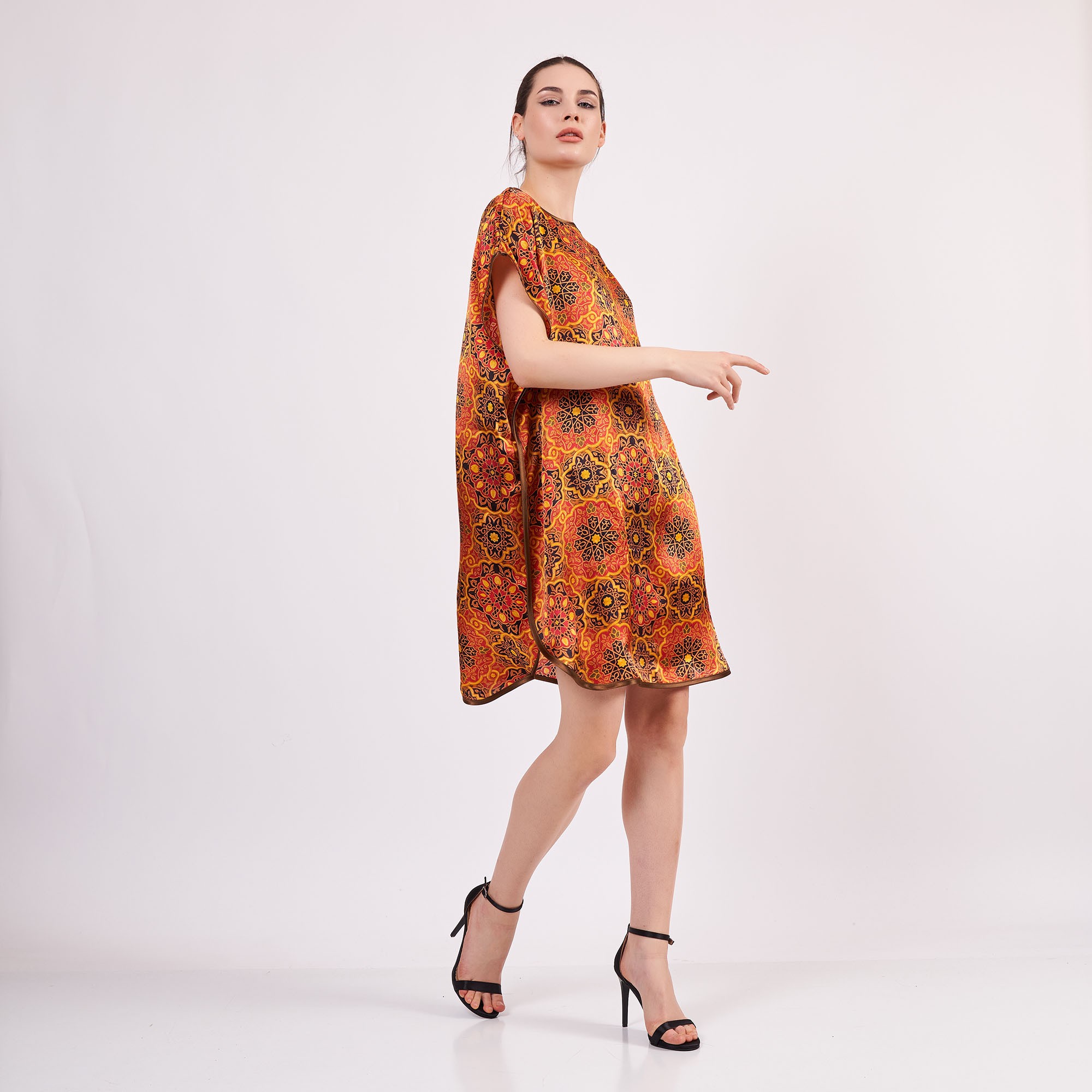 %100 Silk Plus Size Short Dress For Women | Oversized Elhamra Pattern Short Kaftan  | Loose Fitting Dress | Graduation Gown