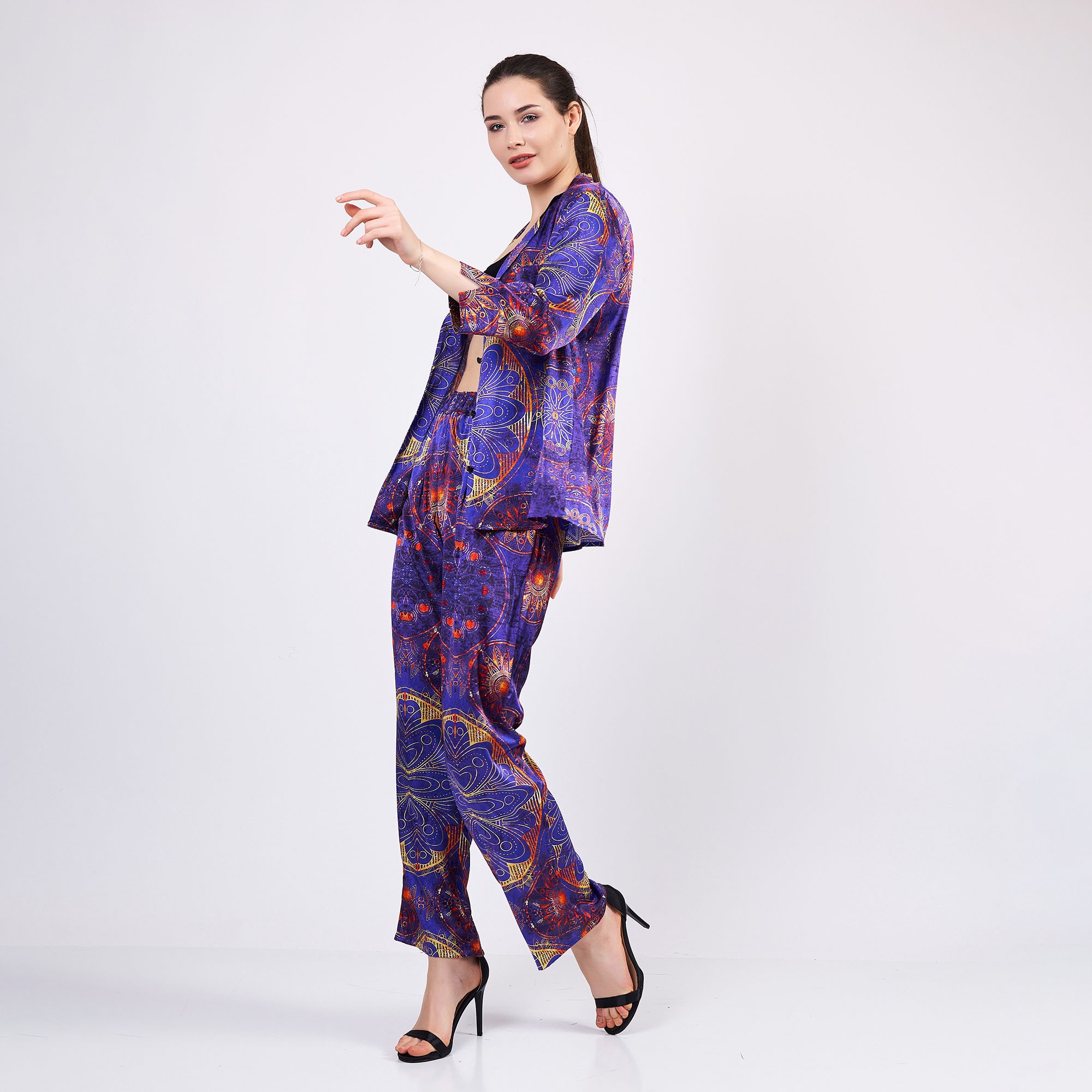 Pure Silk Shirt Pants Set/Pajamas Set for Women Mandala Pattern | Purple
