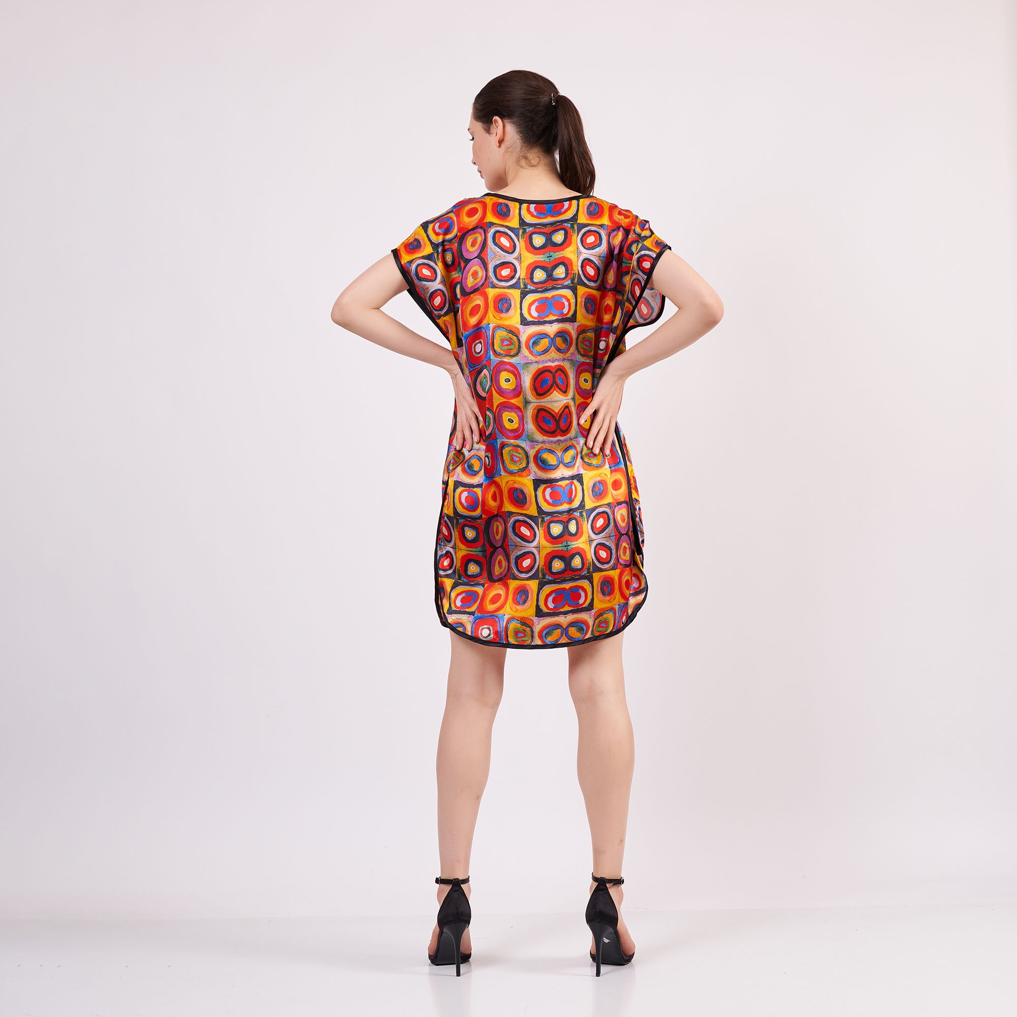 Pure Silk Plus Size Short Dress For Women | Oversized Short Kaftan Kandinsky Squares with Circles | Loose Fitting Dress