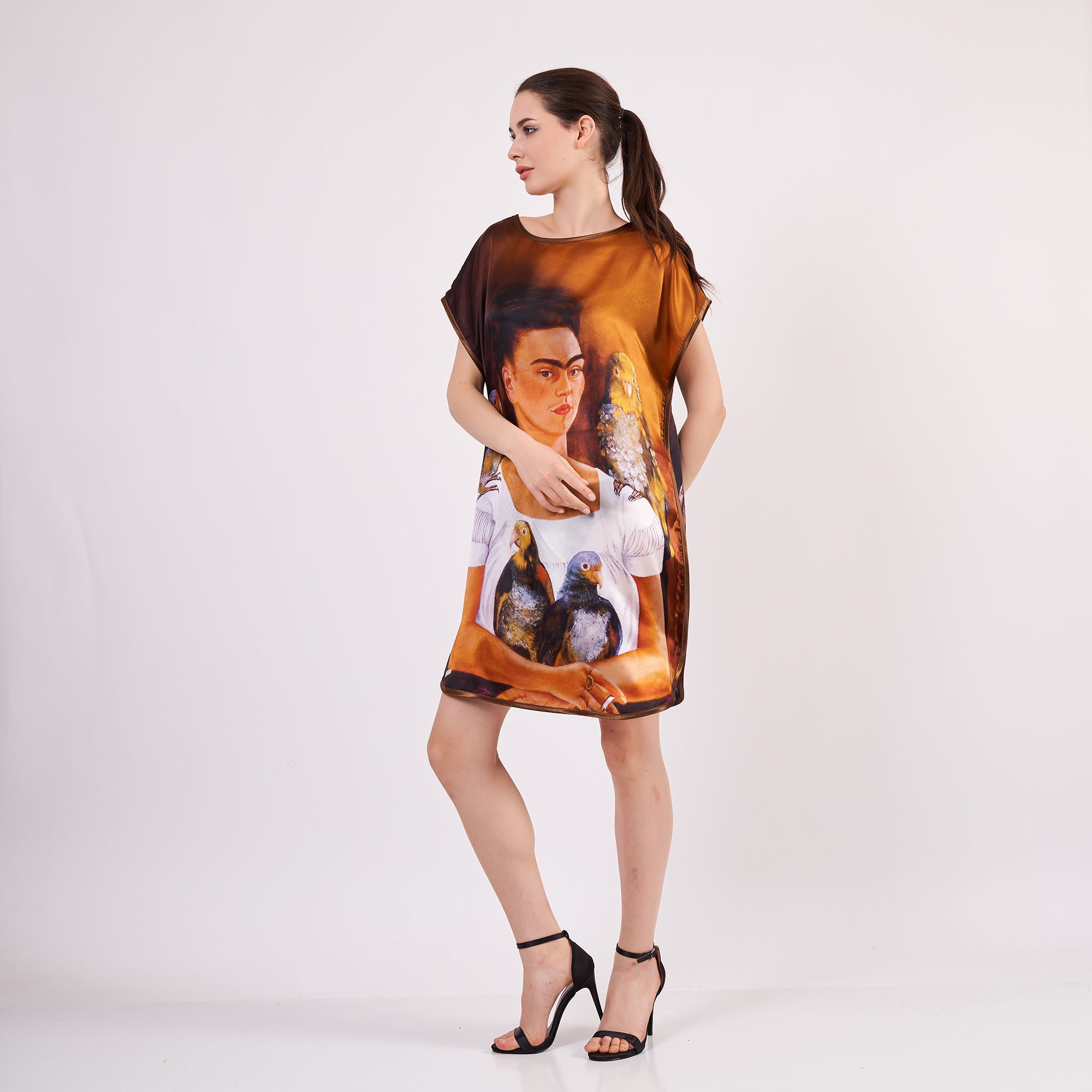 %100 Silk Plus Size Short Dress For Women | Oversized Short Kaftan Frida Kahlo 2 | Loose Fitting Dress