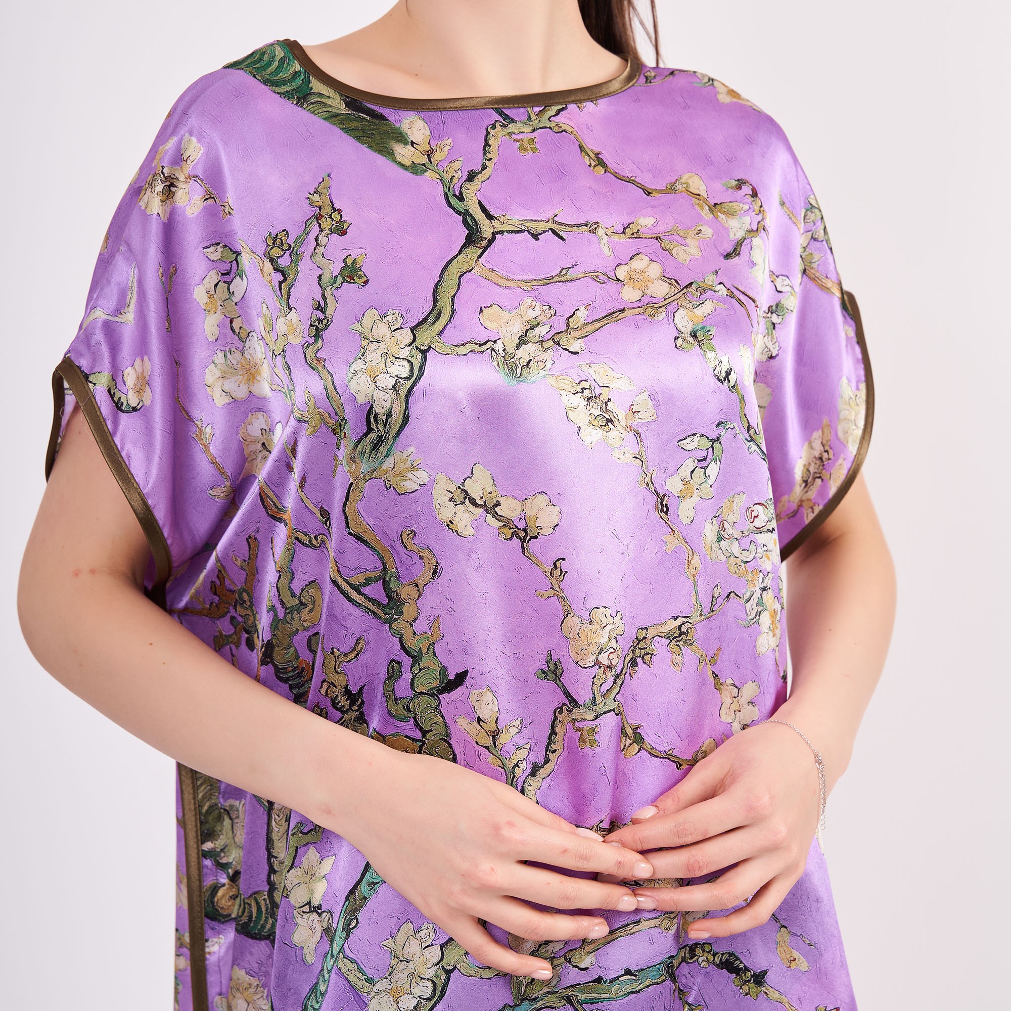 Pure Silk Plus Size Short Dress For Women | Oversized Short Kaftan Purple Van Gogh Almond Blossoms | Loose Fitting Dress