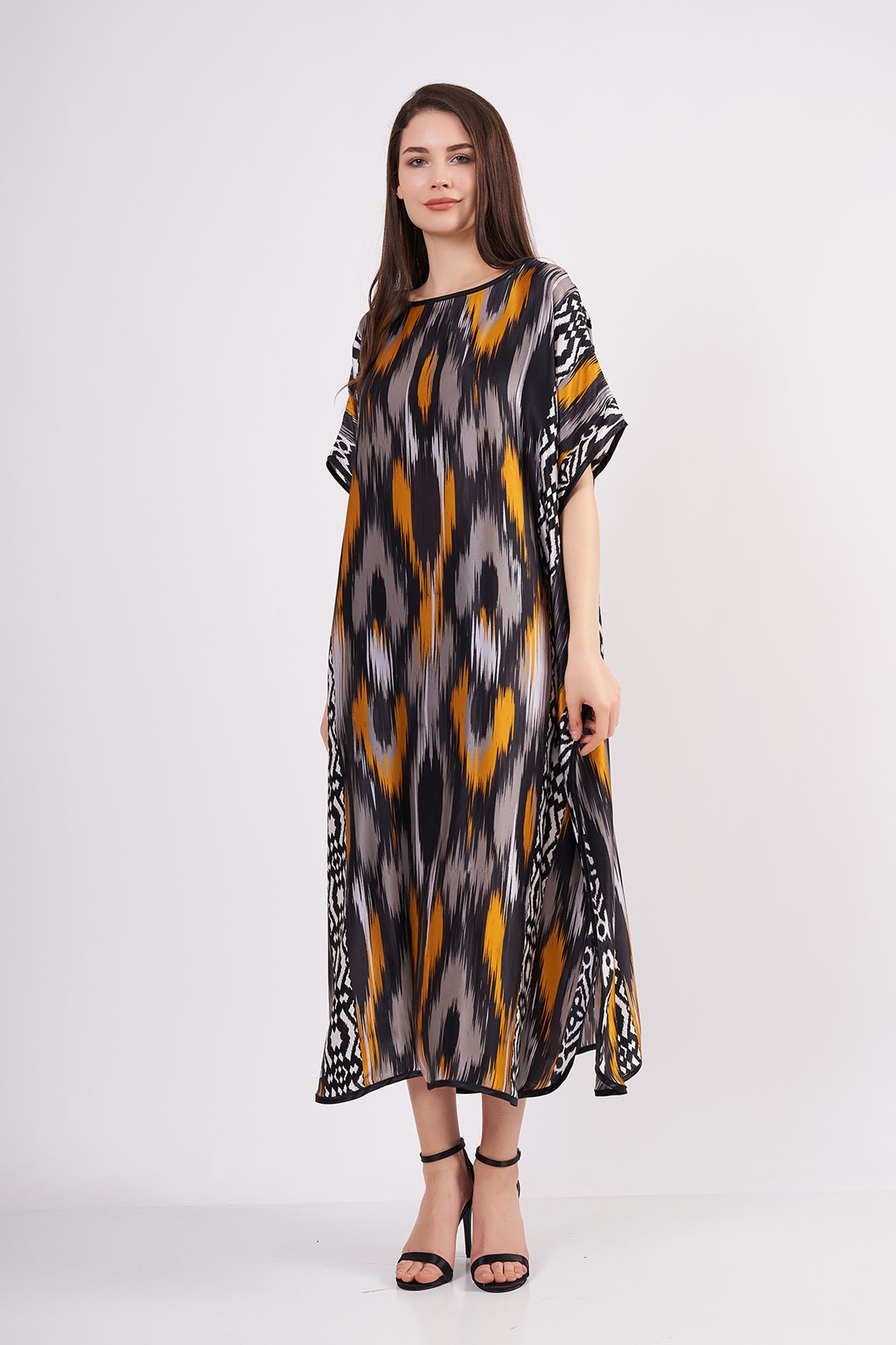 Pure Silk Long Dress | Black-Gold Ikat Pattern | Nomads Felt