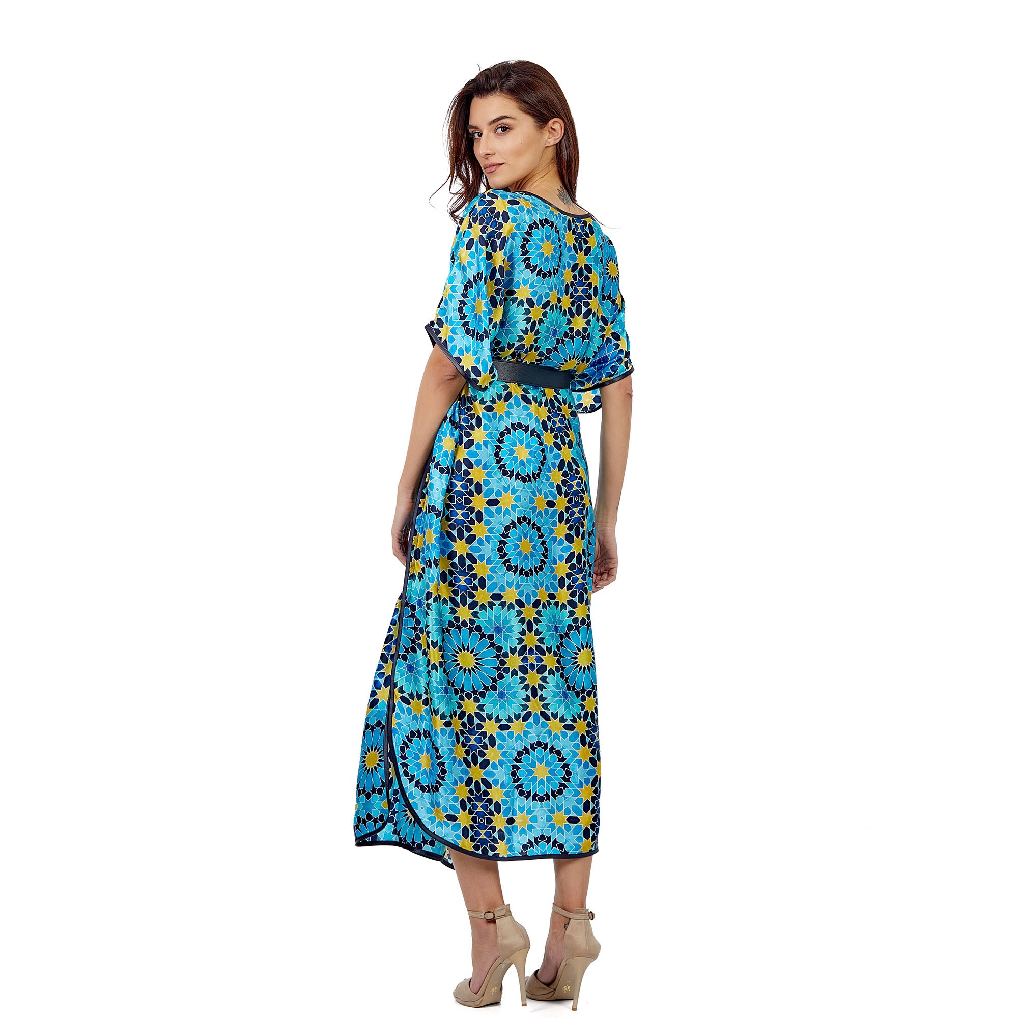 %100 Silk Long Dress | Turquoise Elhamra Pattern 2 | Nomads Felt