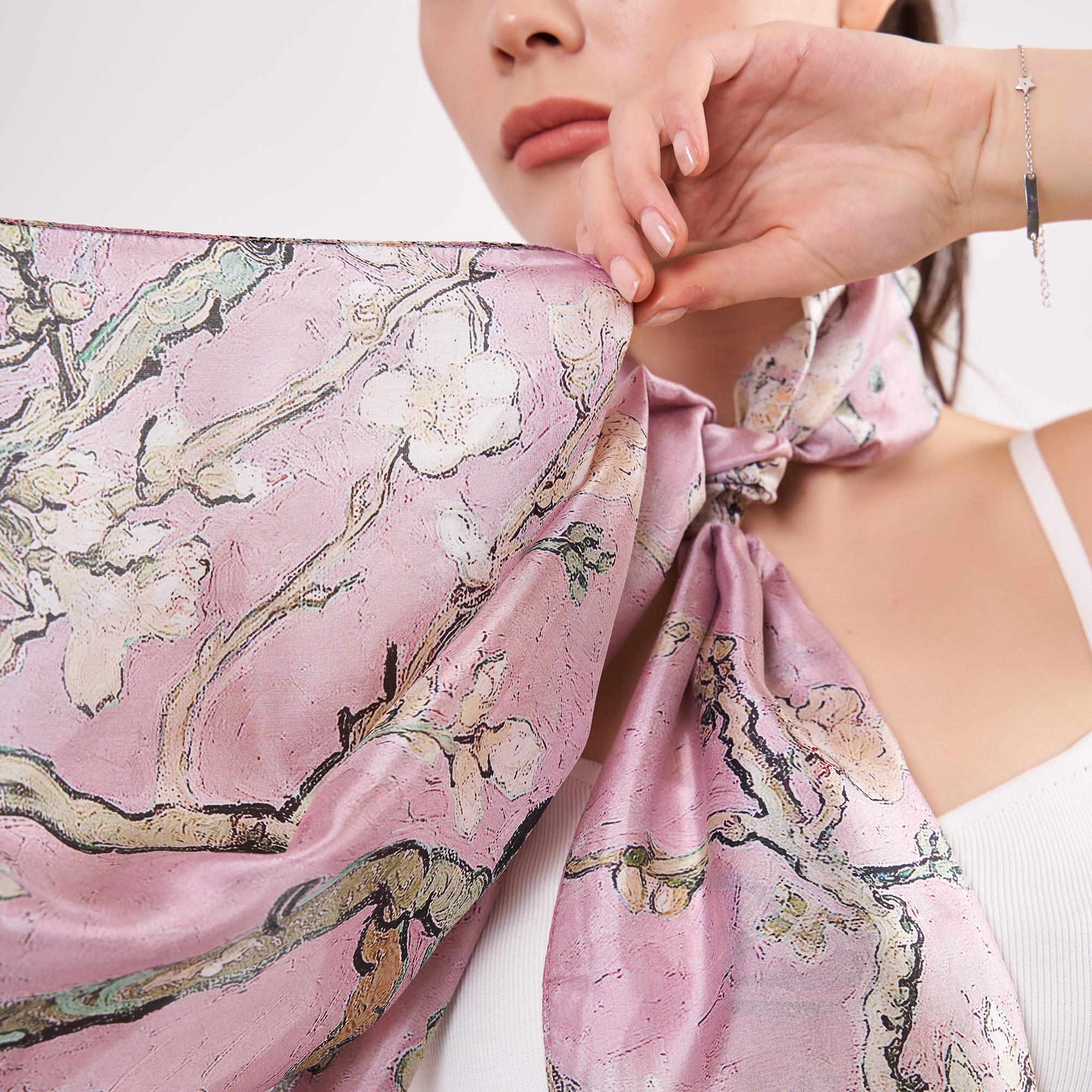 %100 Silk Scarf Wrap | Van Gogh Almond Blossoms Pink | 6 Momme Mulberry Silk Headband, Bag Accessory
