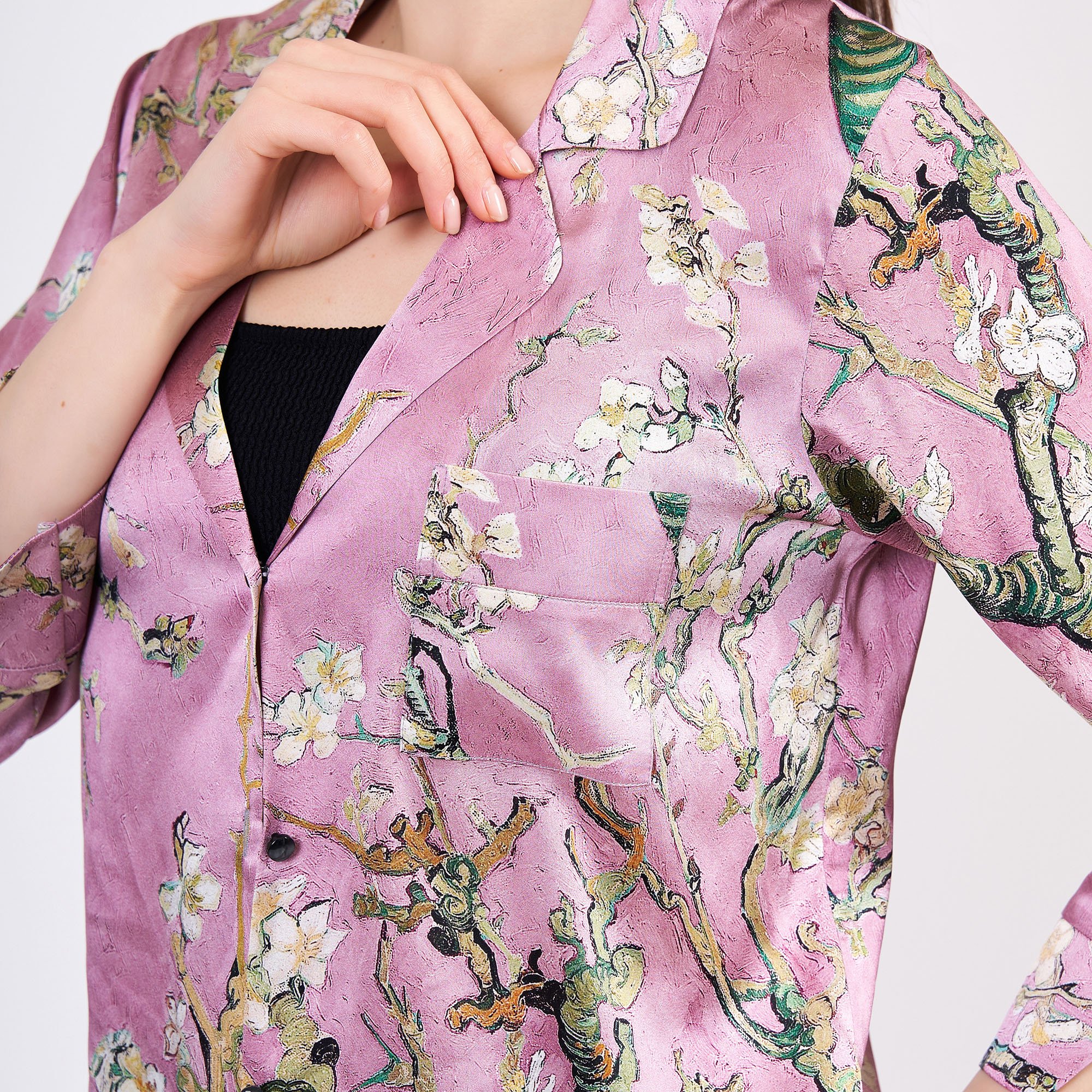 Pure Silk Shirt Pants Set/Pajamas Set for Women | Van Gogh Almond Blossoms Pink