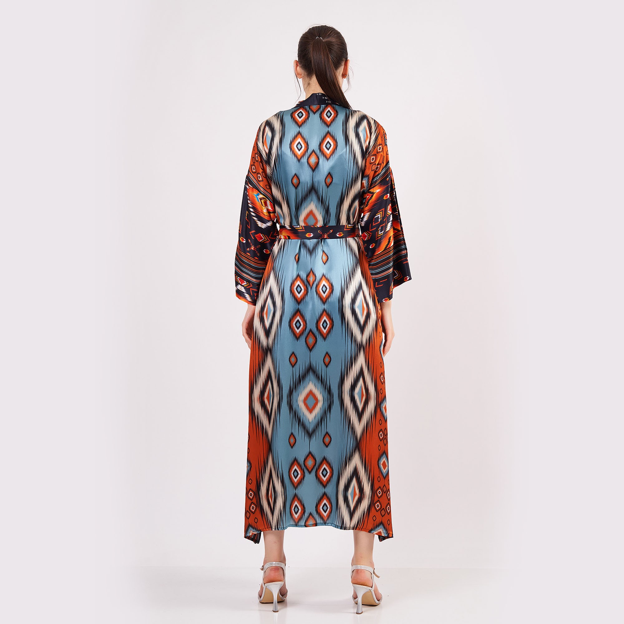 Pure Silk Maxi Kimono Kaftan | Ikat Pattern 10 | Oversized Long Kimono Robe | Beachwear for Women | Plus Size Luxury Kaftan Pool Wear