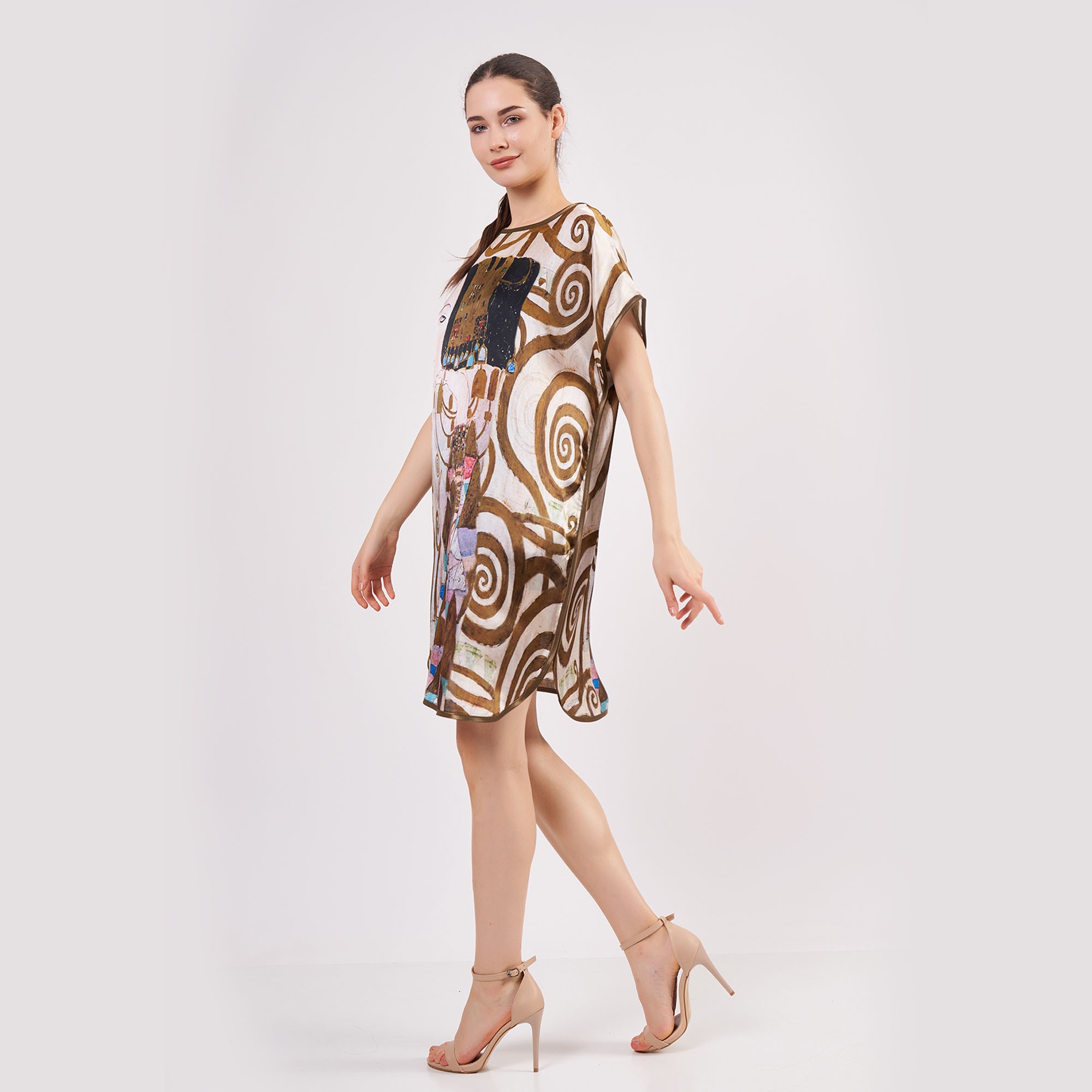 %100 İpek Kısa Elbise | Gustav Klimt Expectation | Nomads Felt
