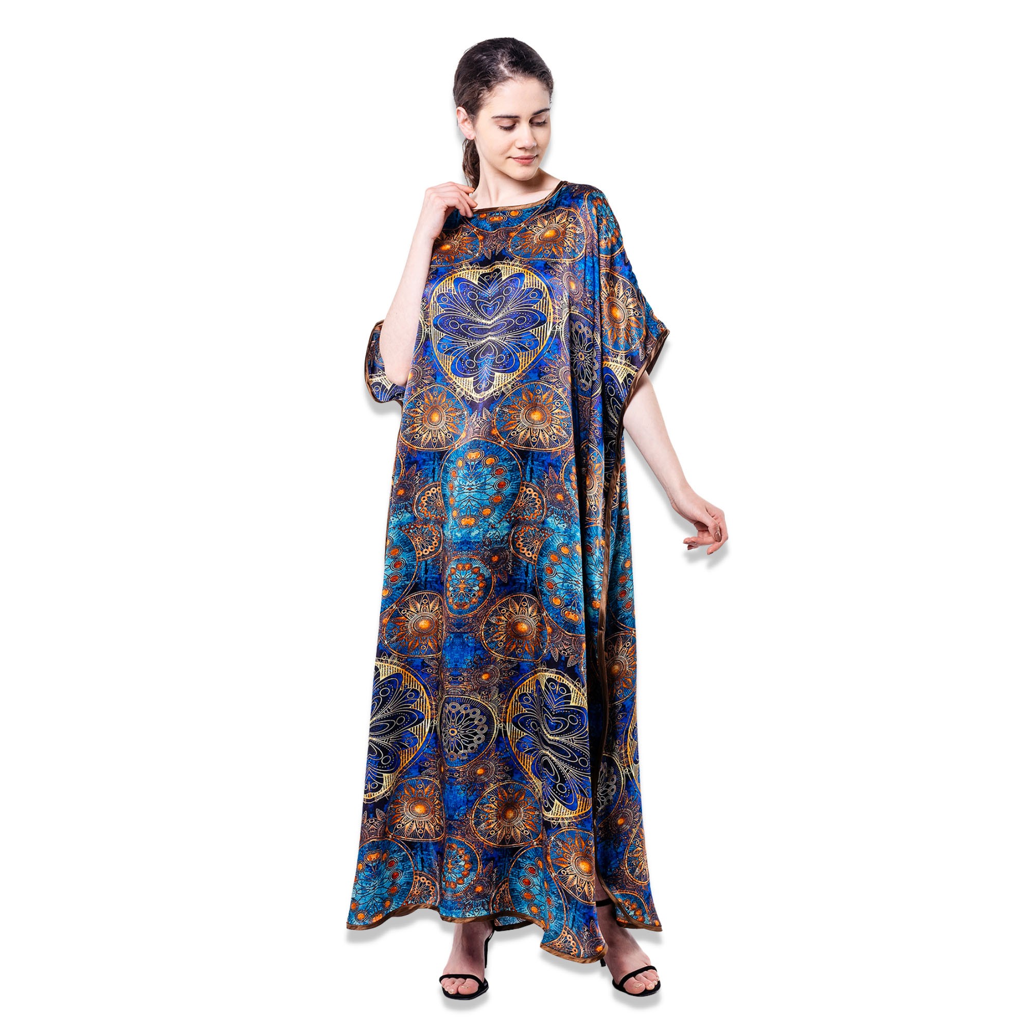 Saf İpek Uzun Elbise | Mavi Mandala Desen | Nomads Felt