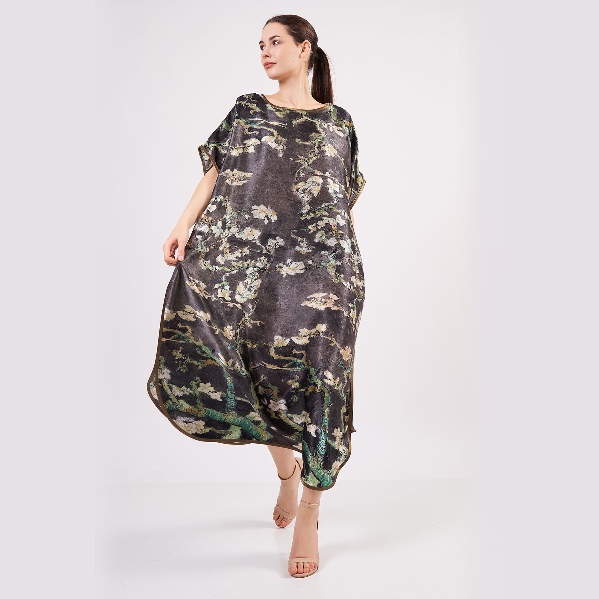 %100 Silk Long Dress | Anthracite Van Gogh Almond Blossoms | Nomads Felt