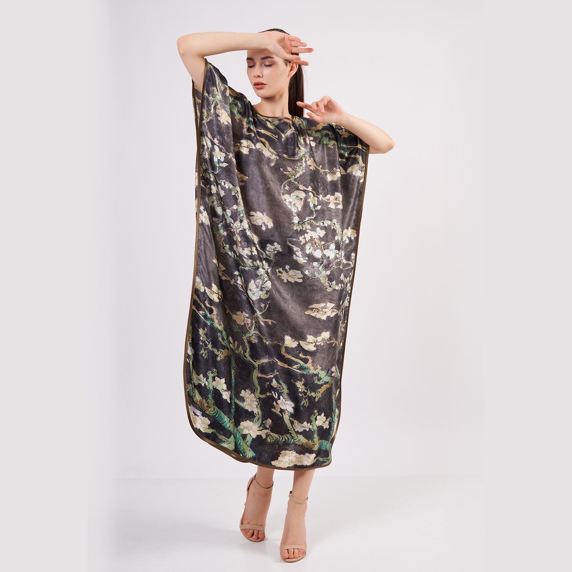 %100 Silk Long Dress | Anthracite Van Gogh Almond Blossoms | Nomads Felt