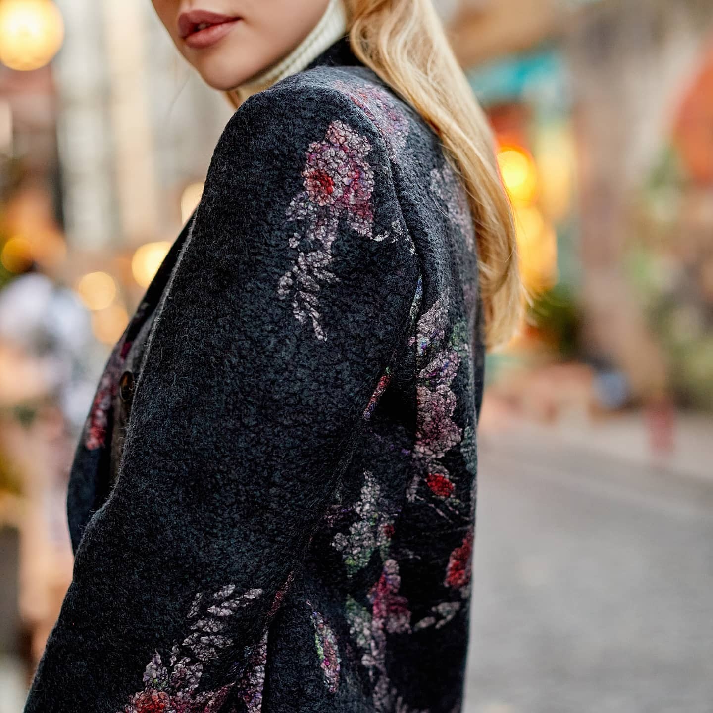 İpek-Yün Haute Couture Ceket | Antrasit Çiçek Desen | Nomads Felt