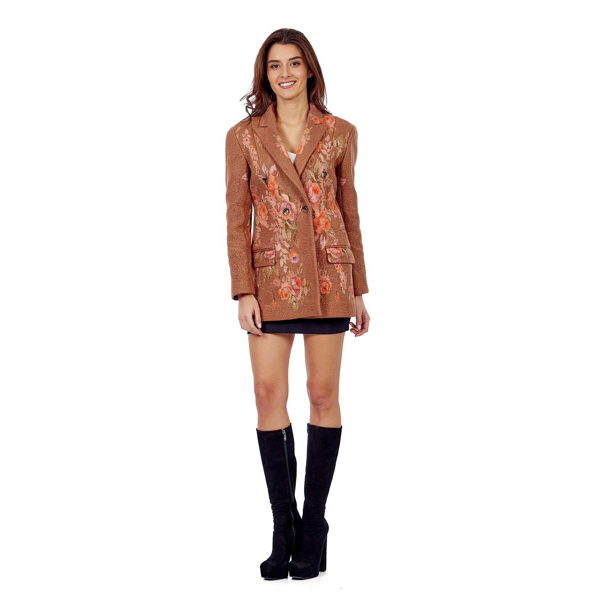 Natural Wool-Silk Haute Couture Jacket | Brown | Flower Pattern