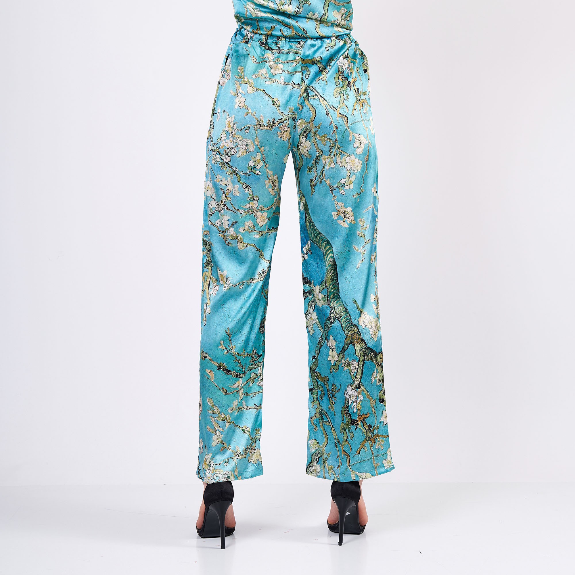 Saf İpek Gömlek-Pantolon Takım/Pijama Takımı | Turkuaz Van Gogh Badem Ağacı | Nomads Felt