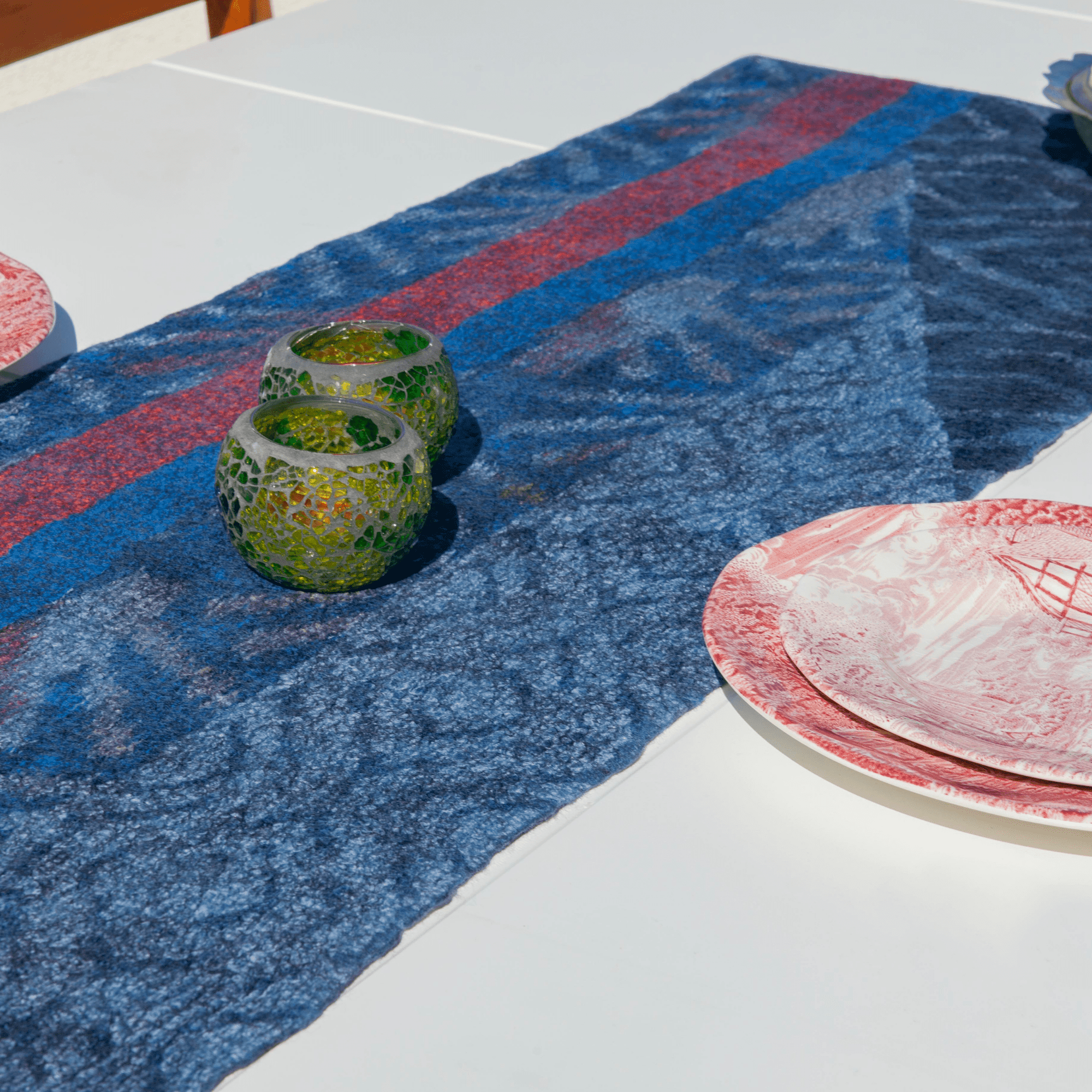 Natural Wool-Silk Runner Table Cloth 7 | Blue-Red