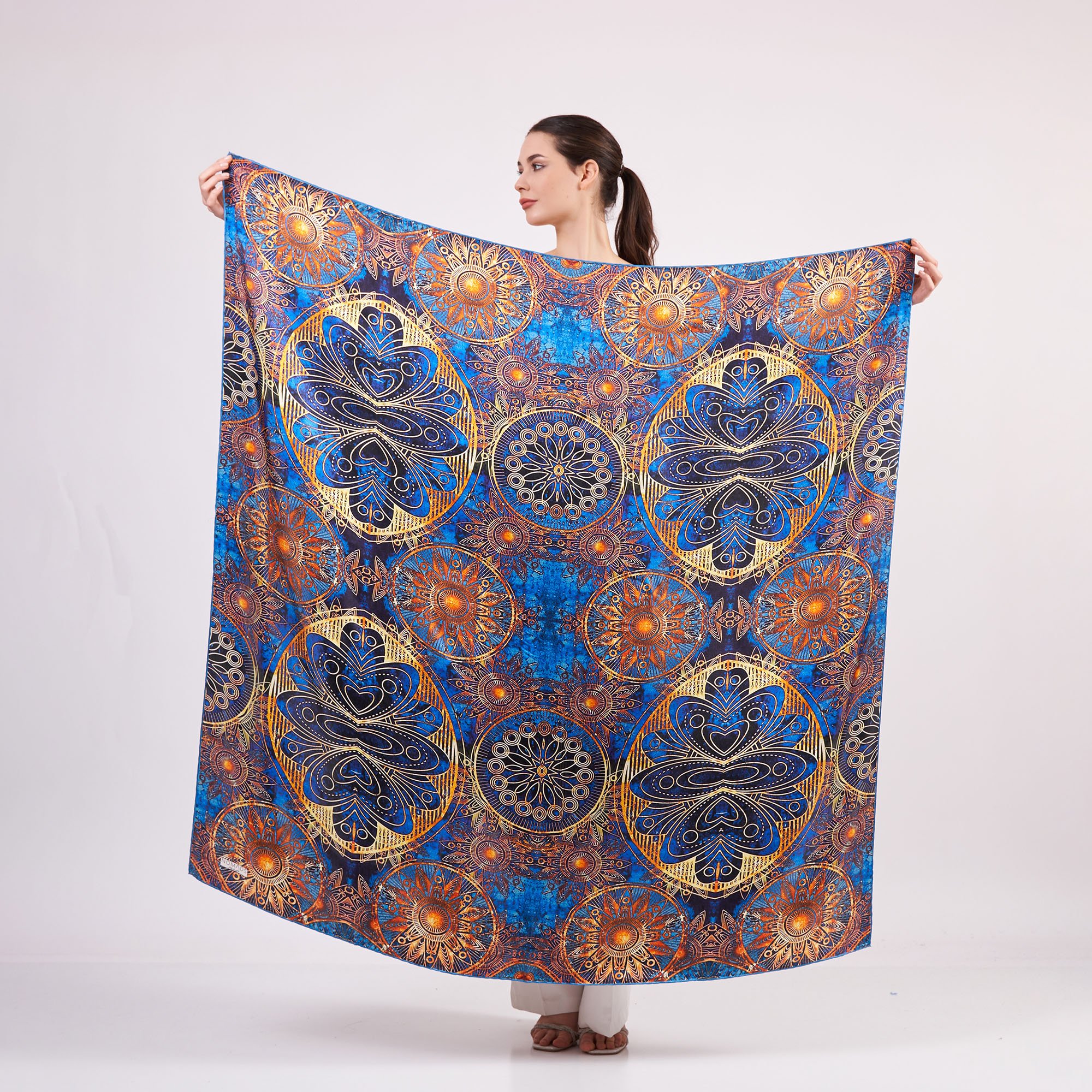 100% Silk Shawl | Mandala Pattern | 140cm | Blue | Nomads Felt