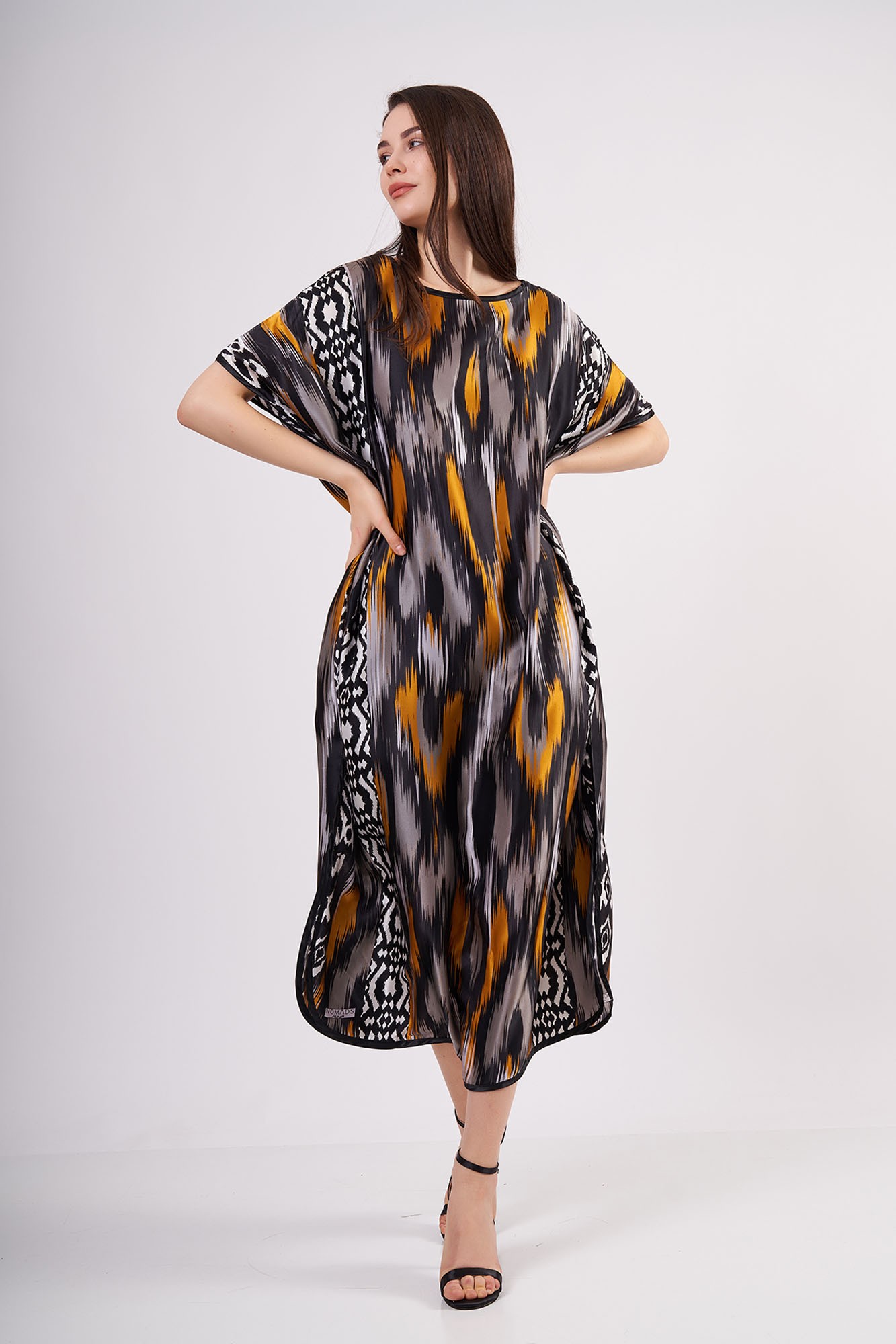 Pure Silk Long Dress | Black-Gold Ikat Pattern | Nomads Felt