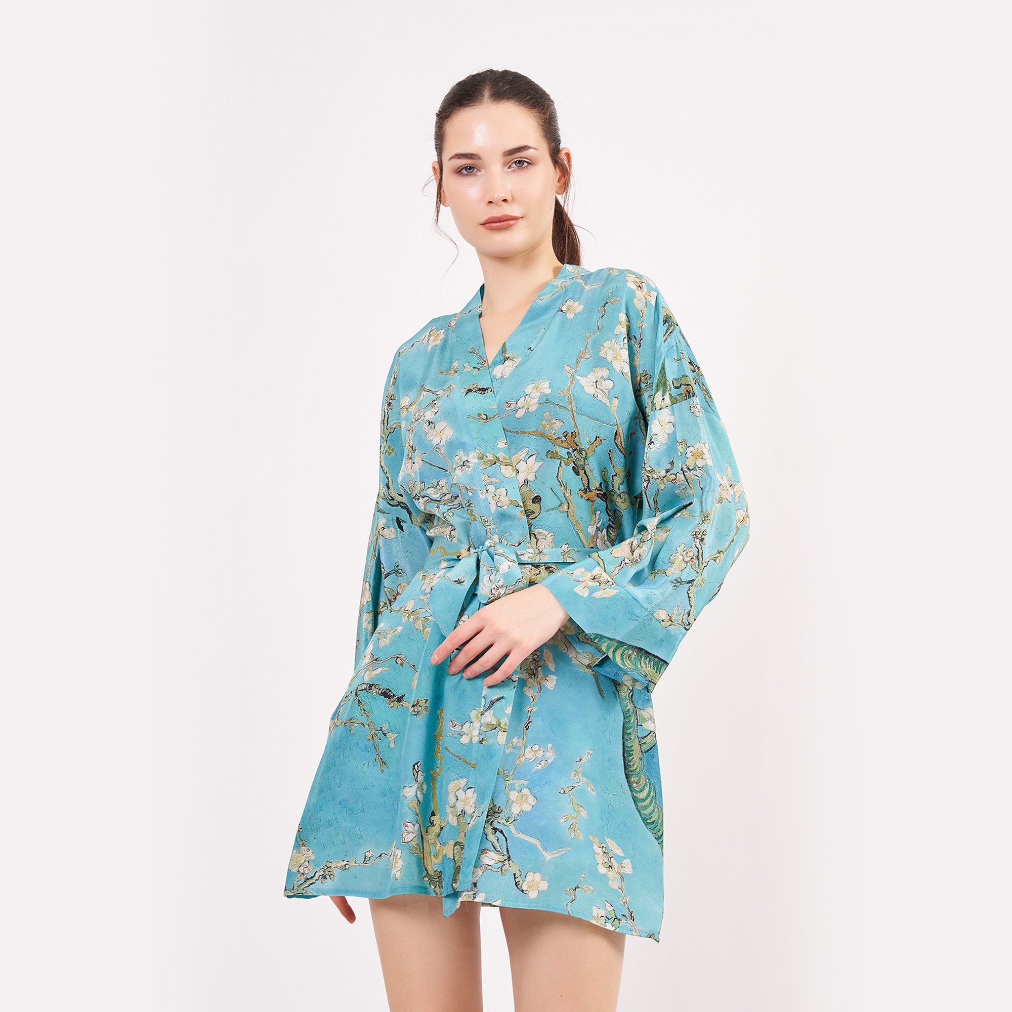 Saf İpek Kısa Kimono Kaftan | Van Gogh Badem Ağacı Turkuaz | Nomads Felt