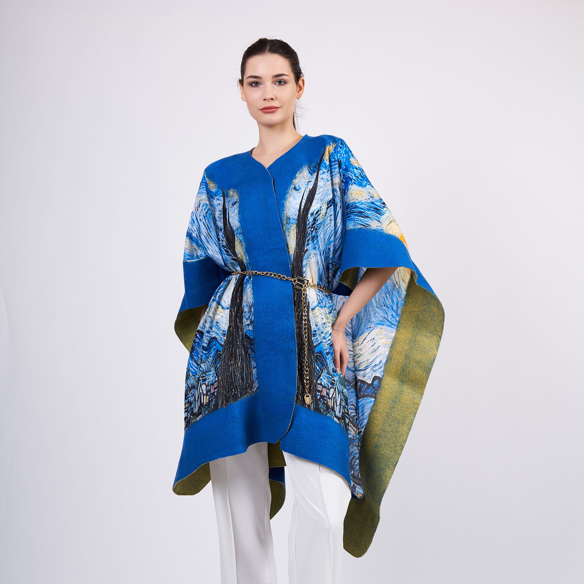 Handmade Silk Felted Women Poncho | Blue-Green Van Gogh Starry Night