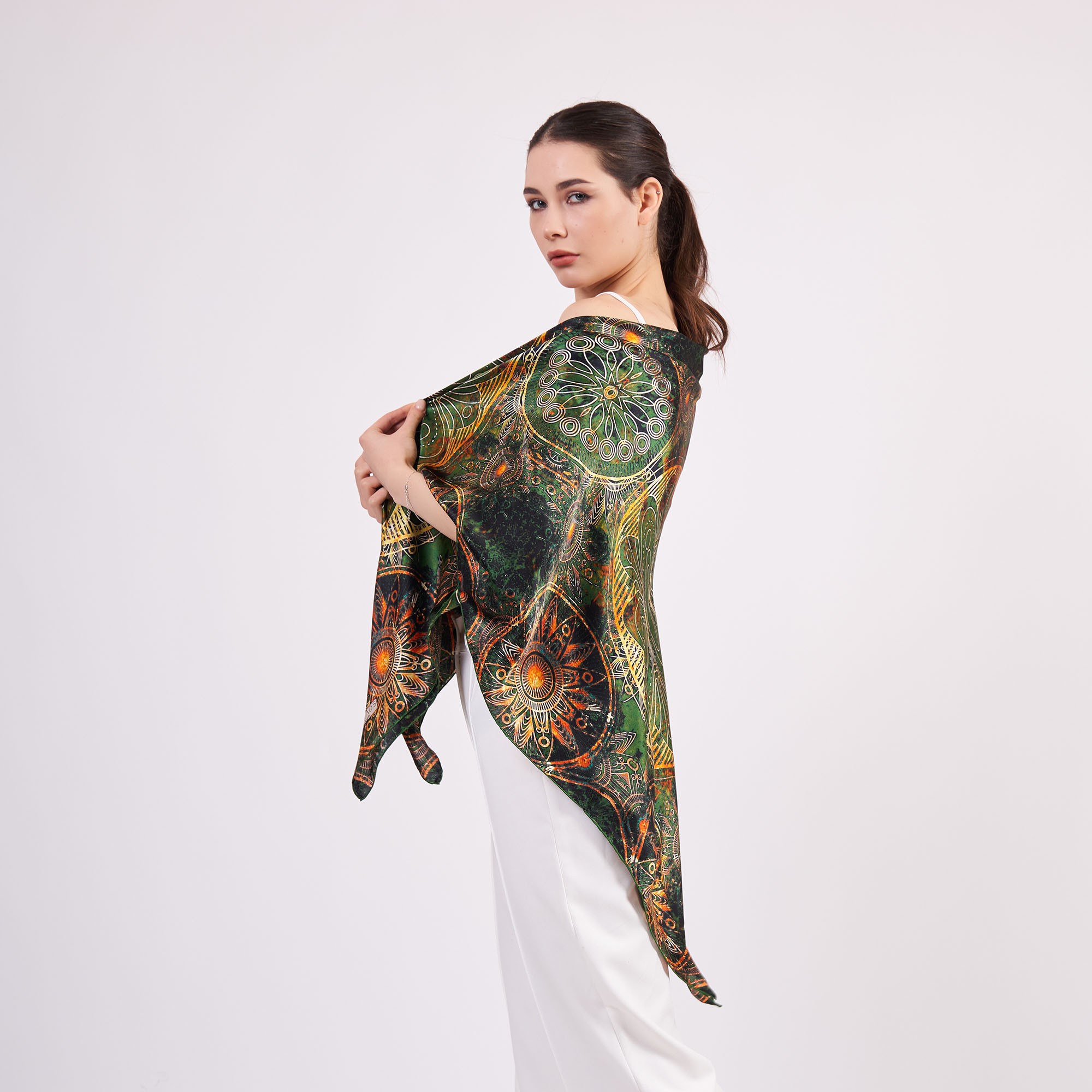 100% Silk Shawl Scarf| Mandala Pattern | 140cm | Khaki | Nomads Felt