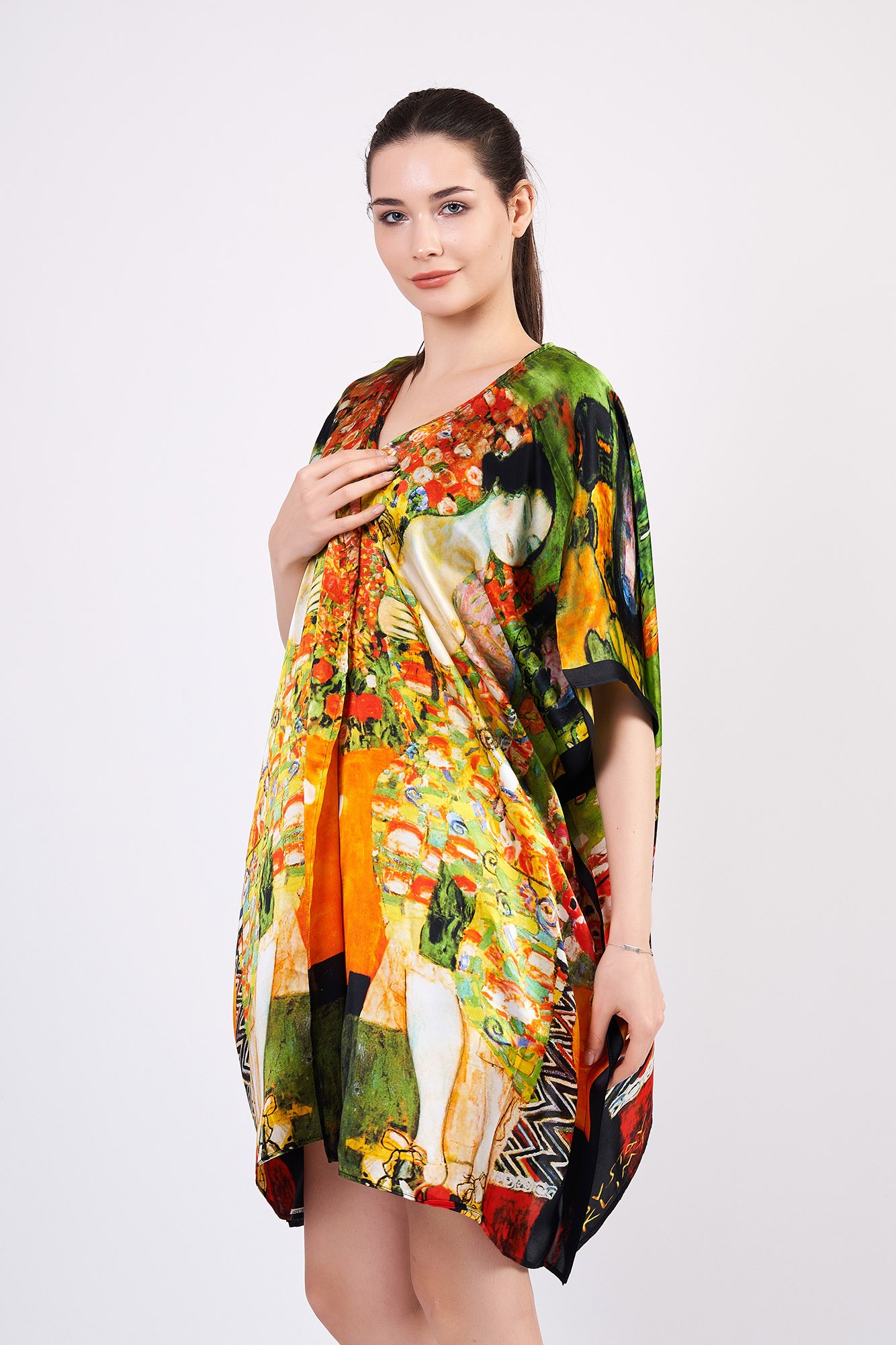%100 İpek Kısa Kimono Pareo | Gustav Klimt The Dancer | Nomads Felt