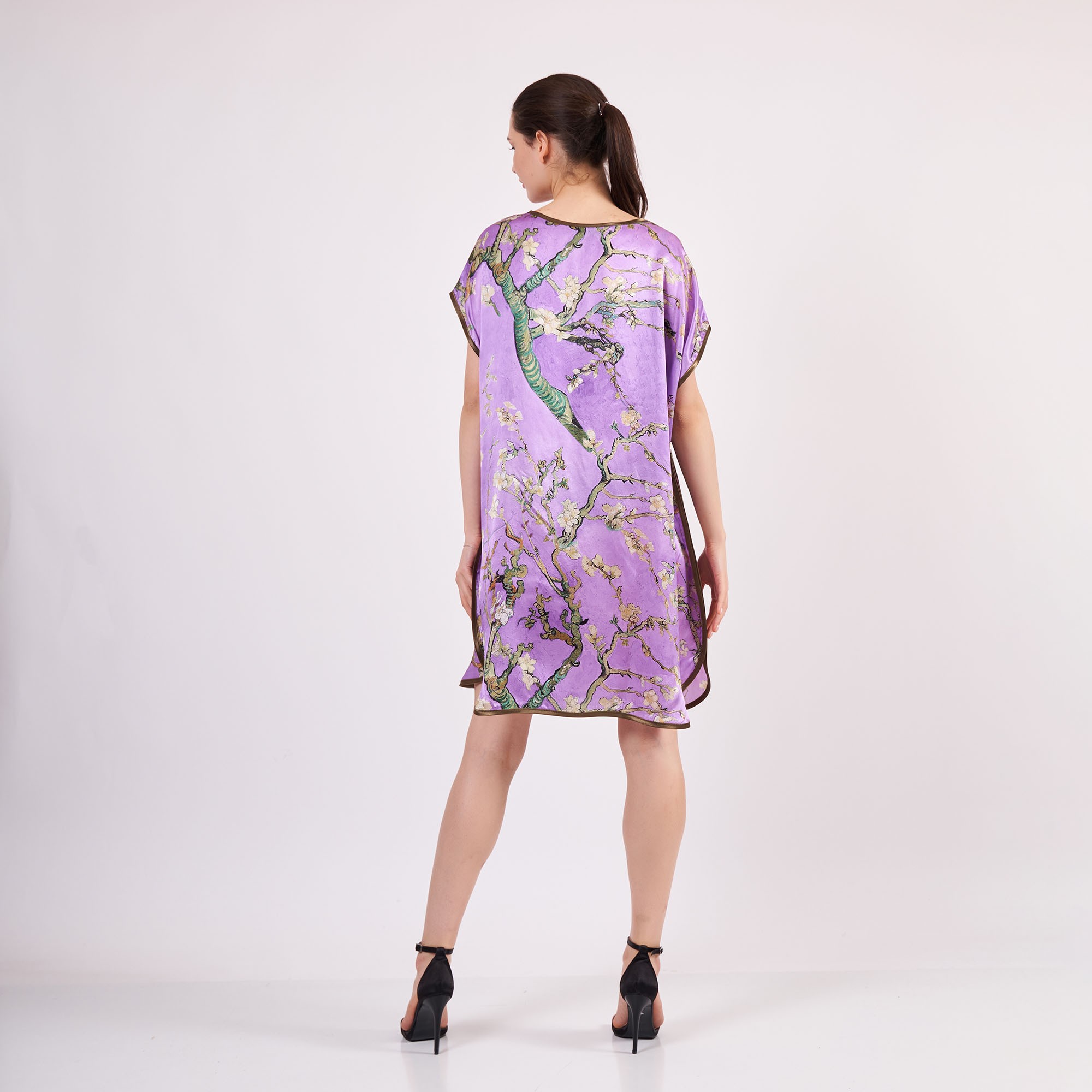 Pure Silk Plus Size Short Dress For Women | Oversized Short Kaftan Purple Van Gogh Almond Blossoms | Loose Fitting Dress