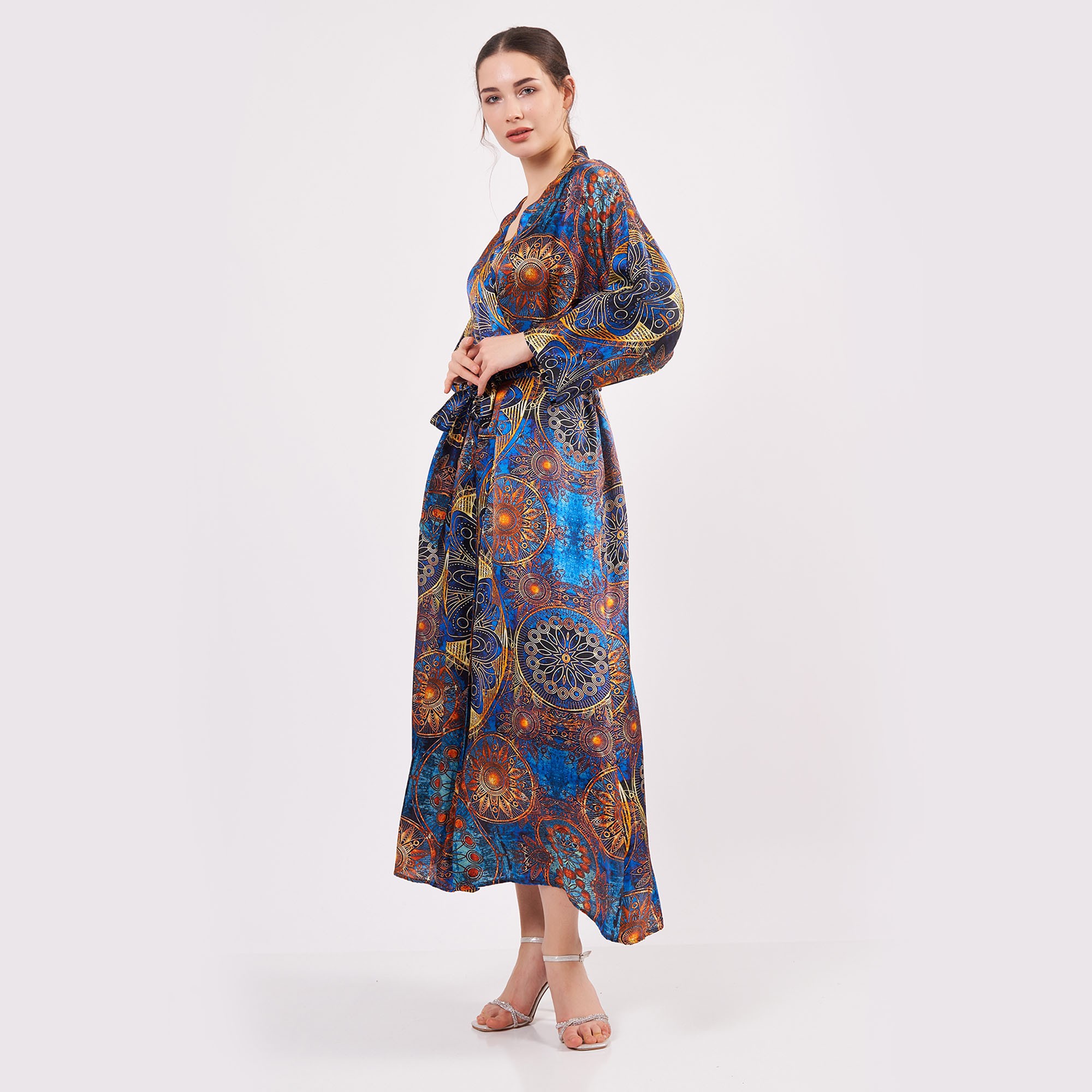 Silk Maxi Kimono Kaftan | Blue Mandala Pattern 1 | Oversized Long Kimono Robe | Beachwear for Women | Plus Size Luxury Kaftan Pool Wear